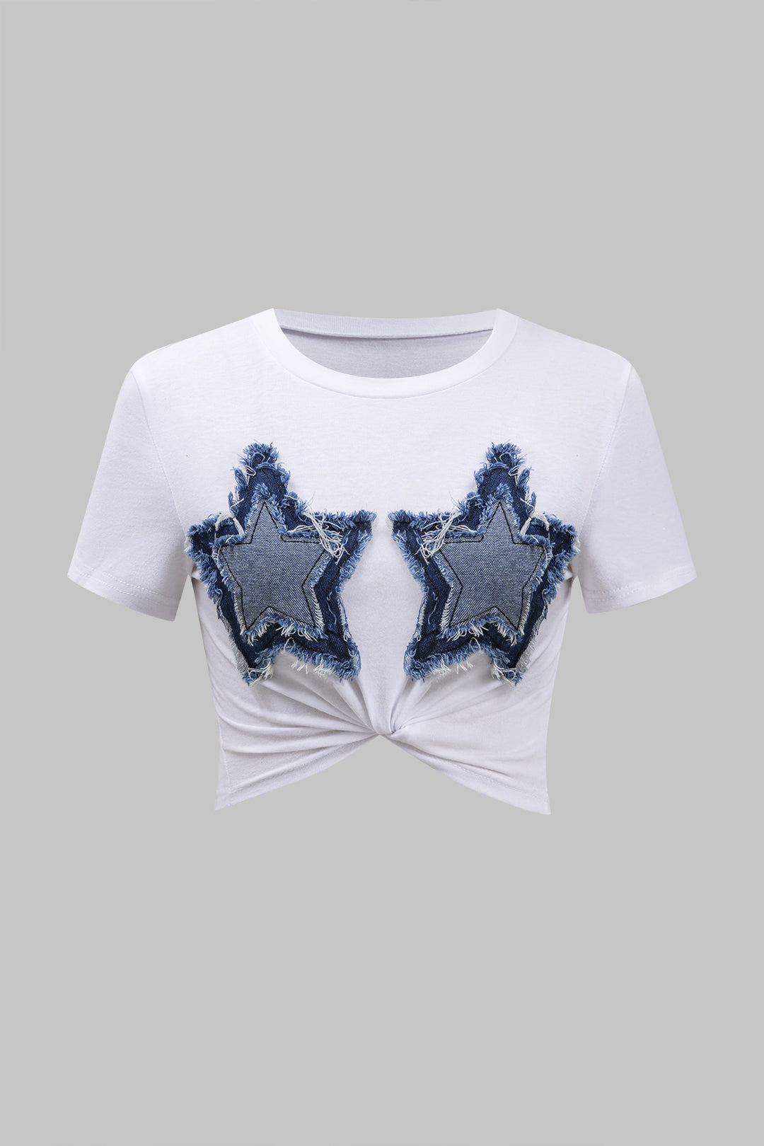 Star Pattern Fringe Patchwork Twsit Knot Short Sleeve T-Shirt