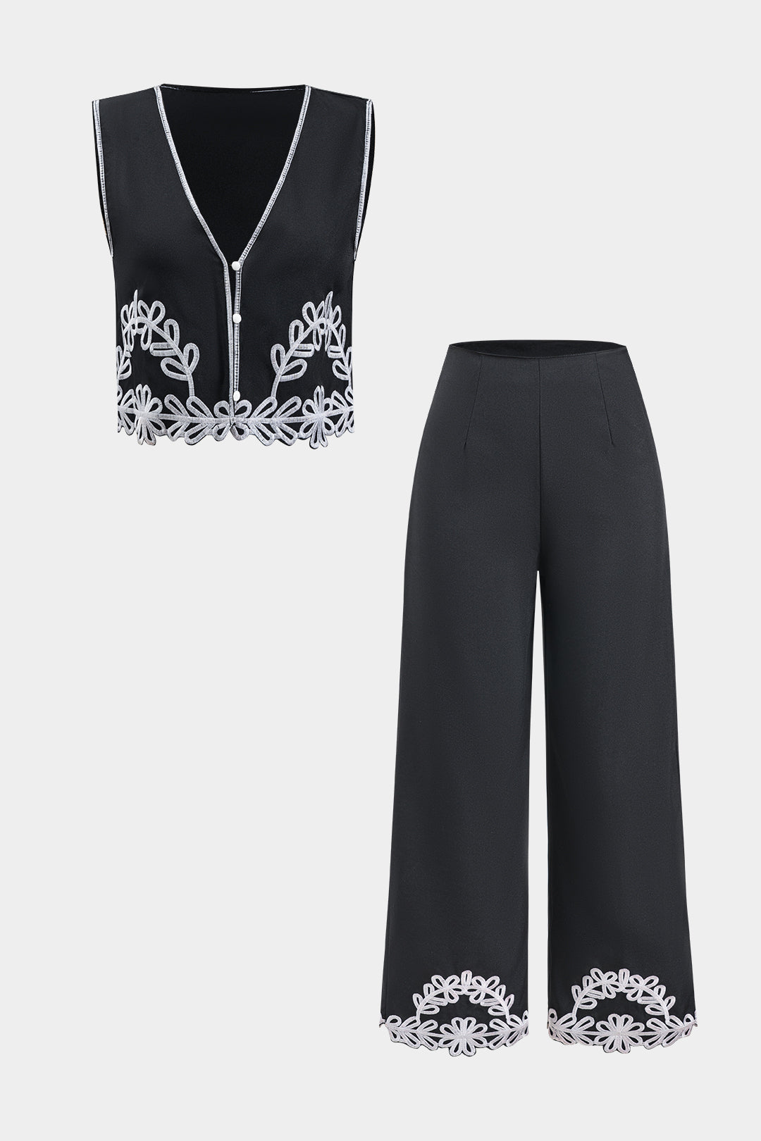 Contrast Embroidery Button V-Neck Vest And Wide Leg Trousers Set