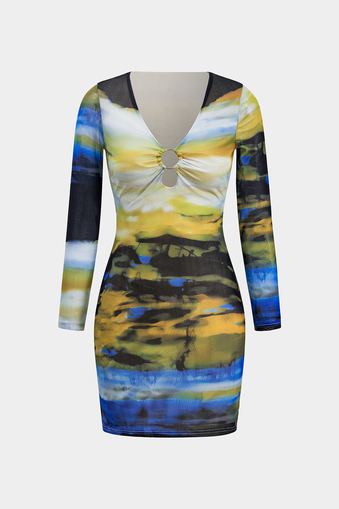 Abstract Print Mesh Ruched Cut Out Long Sleeve Mini Dress