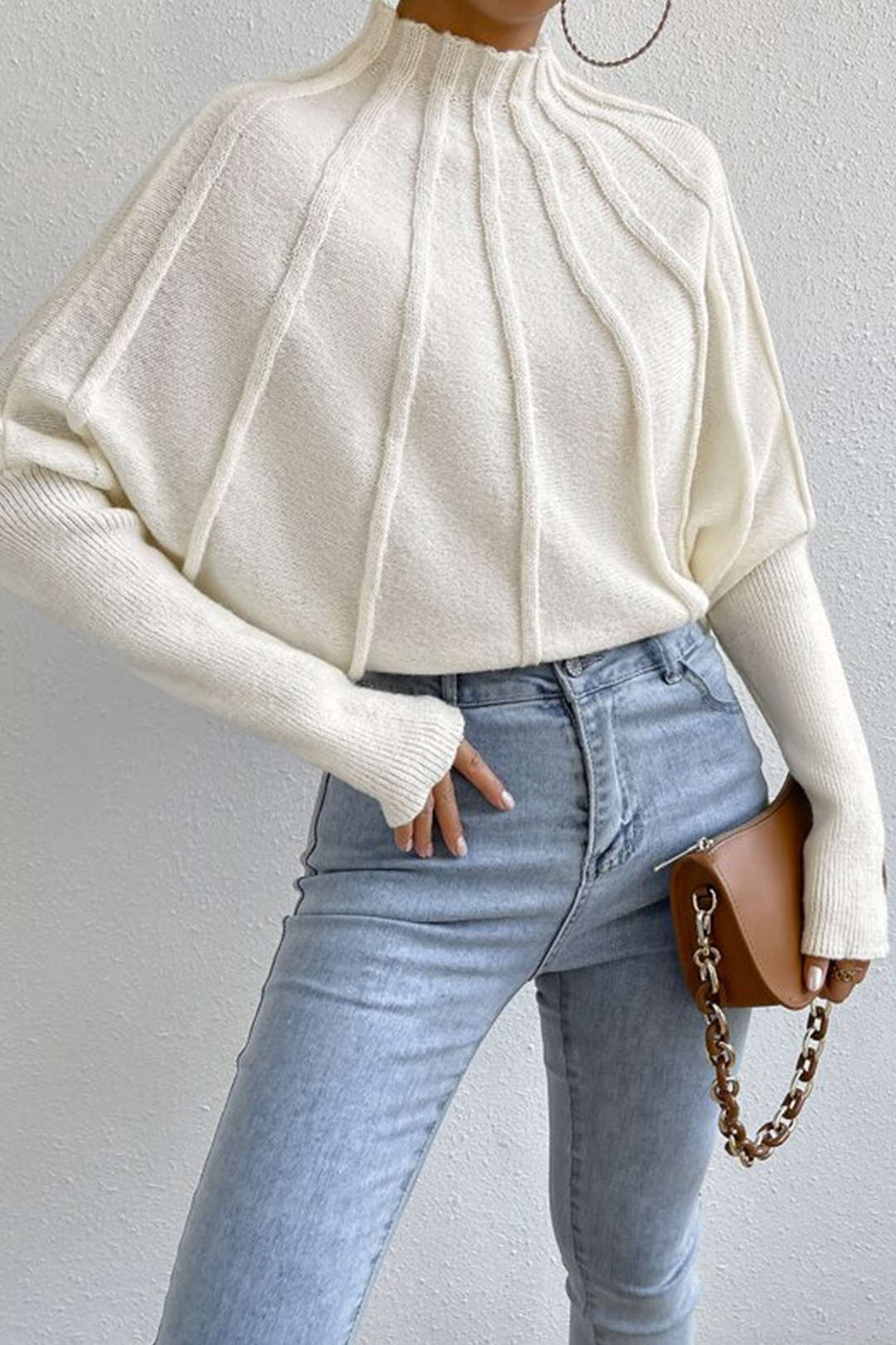 Mock Neck Textured Batwing Sleeve Sweater