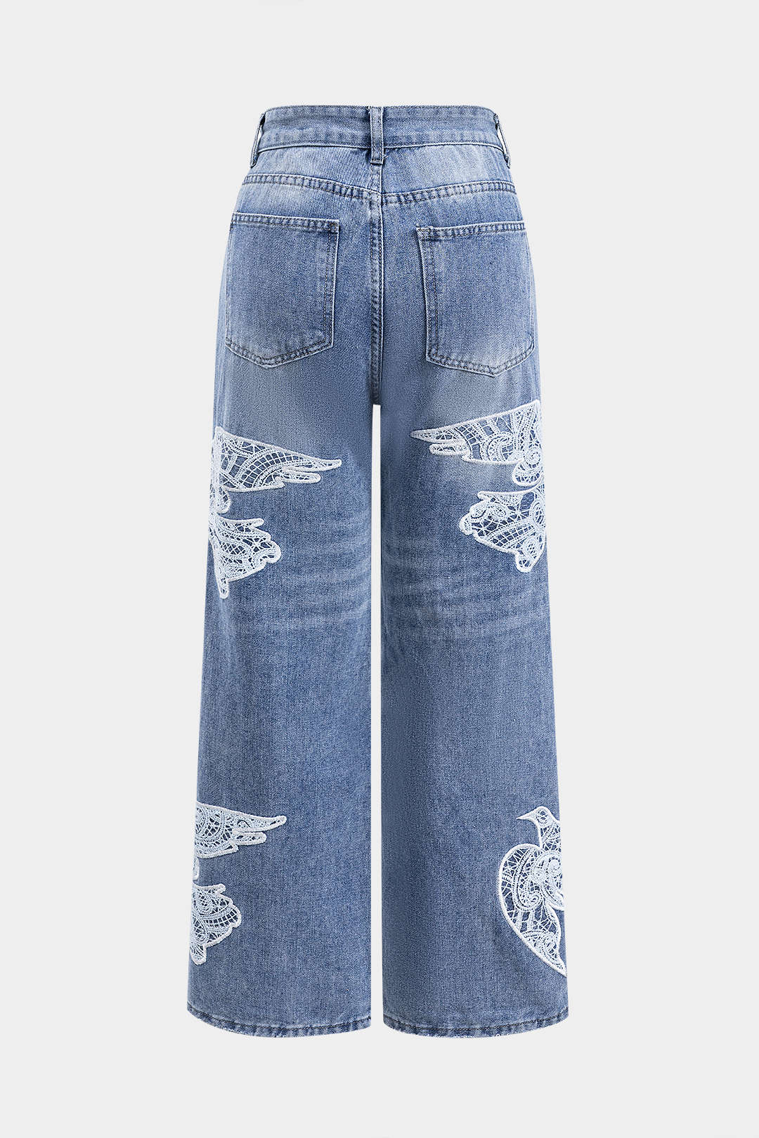 Denim Embroidery Patchwork Button Pocket Wide Leg Jeans