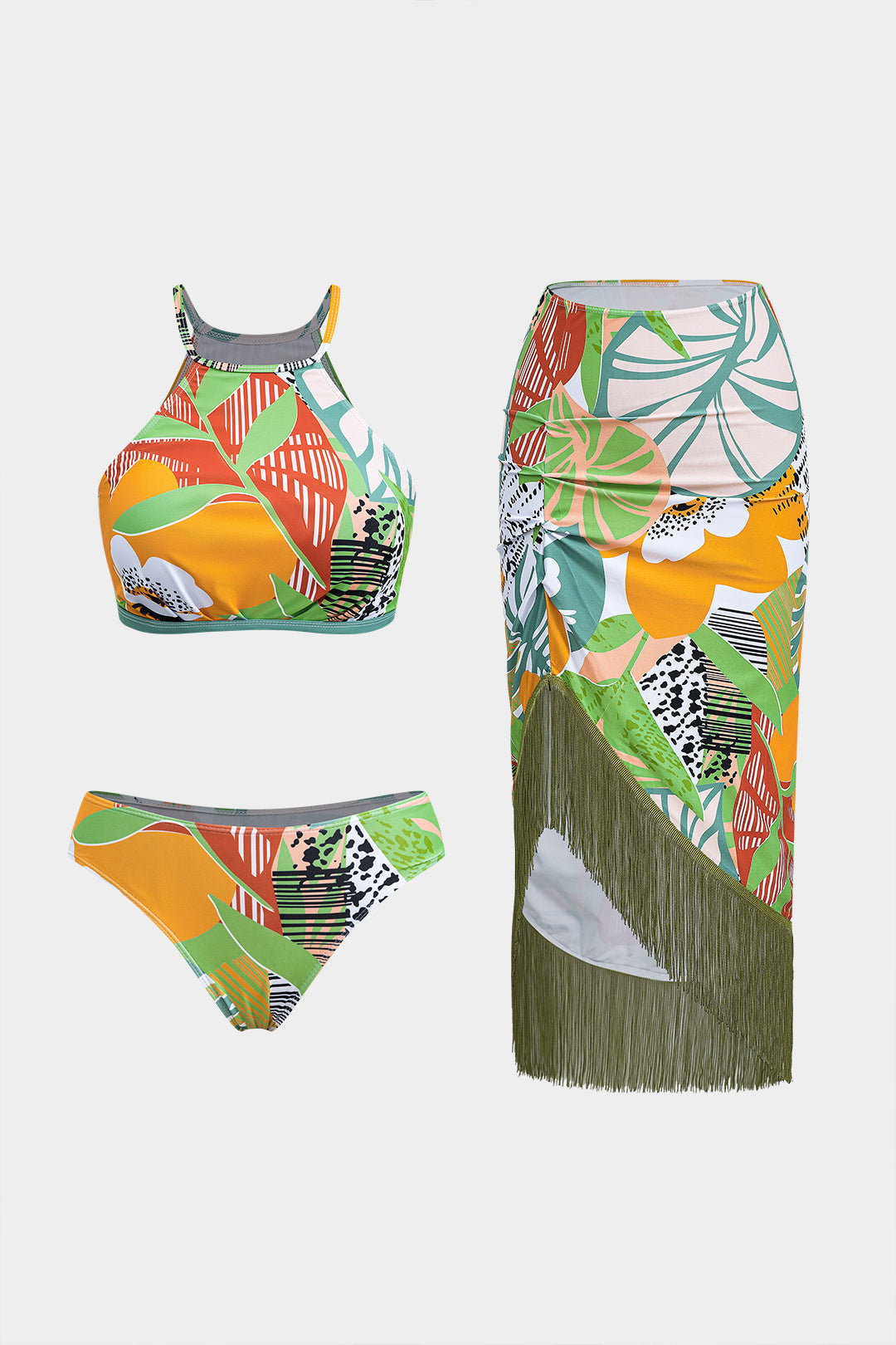 Floral Leaves Print Ruched Bikini Fringe Cover Up Set