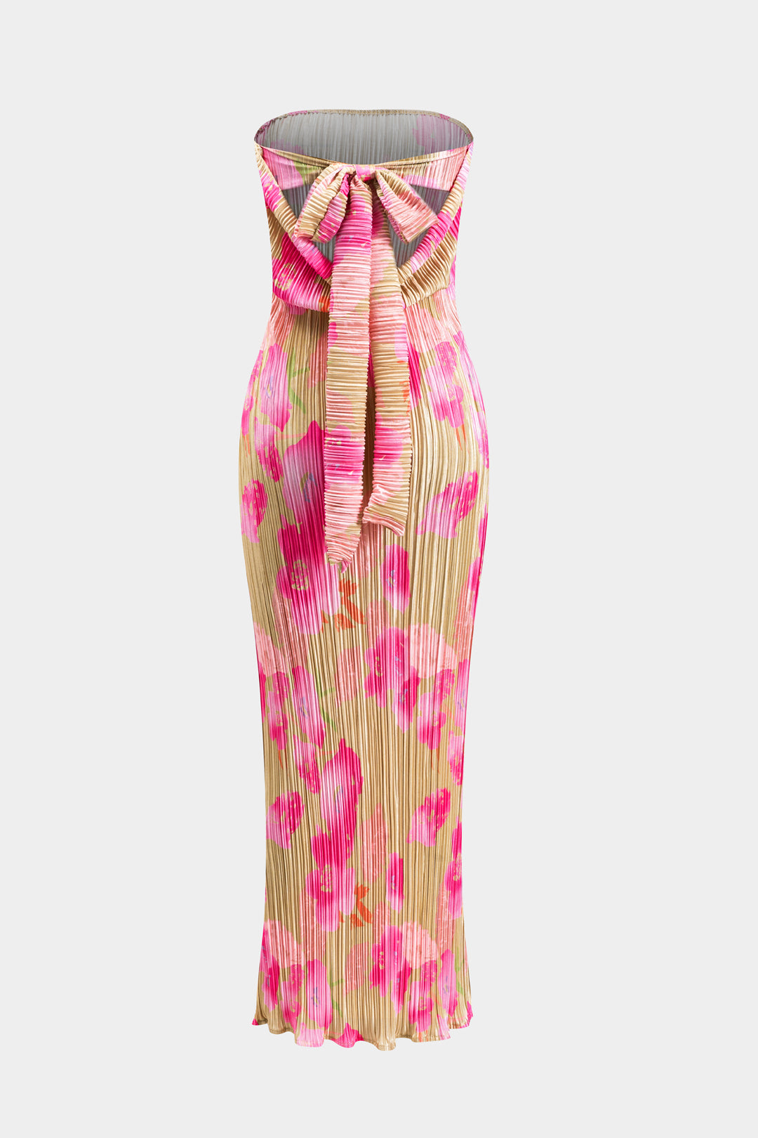 Floral Print Pleated Tie Back Strapless Maxi Dress