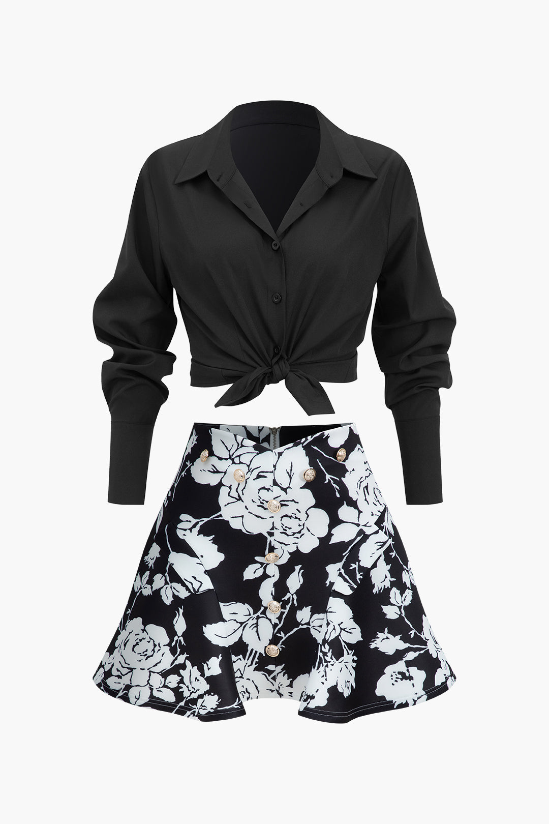 Floral Print Buttoned Long-Sleeve Shirt And Skirt Set