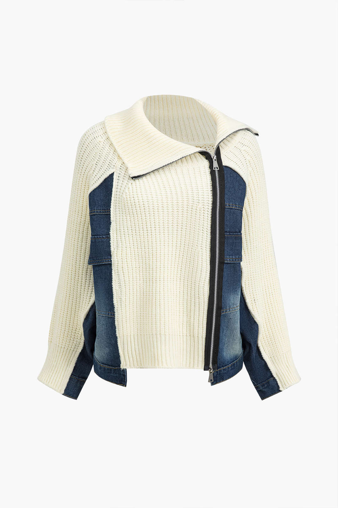 Solid Zipper Detail Patchwork Sweater Cardigan