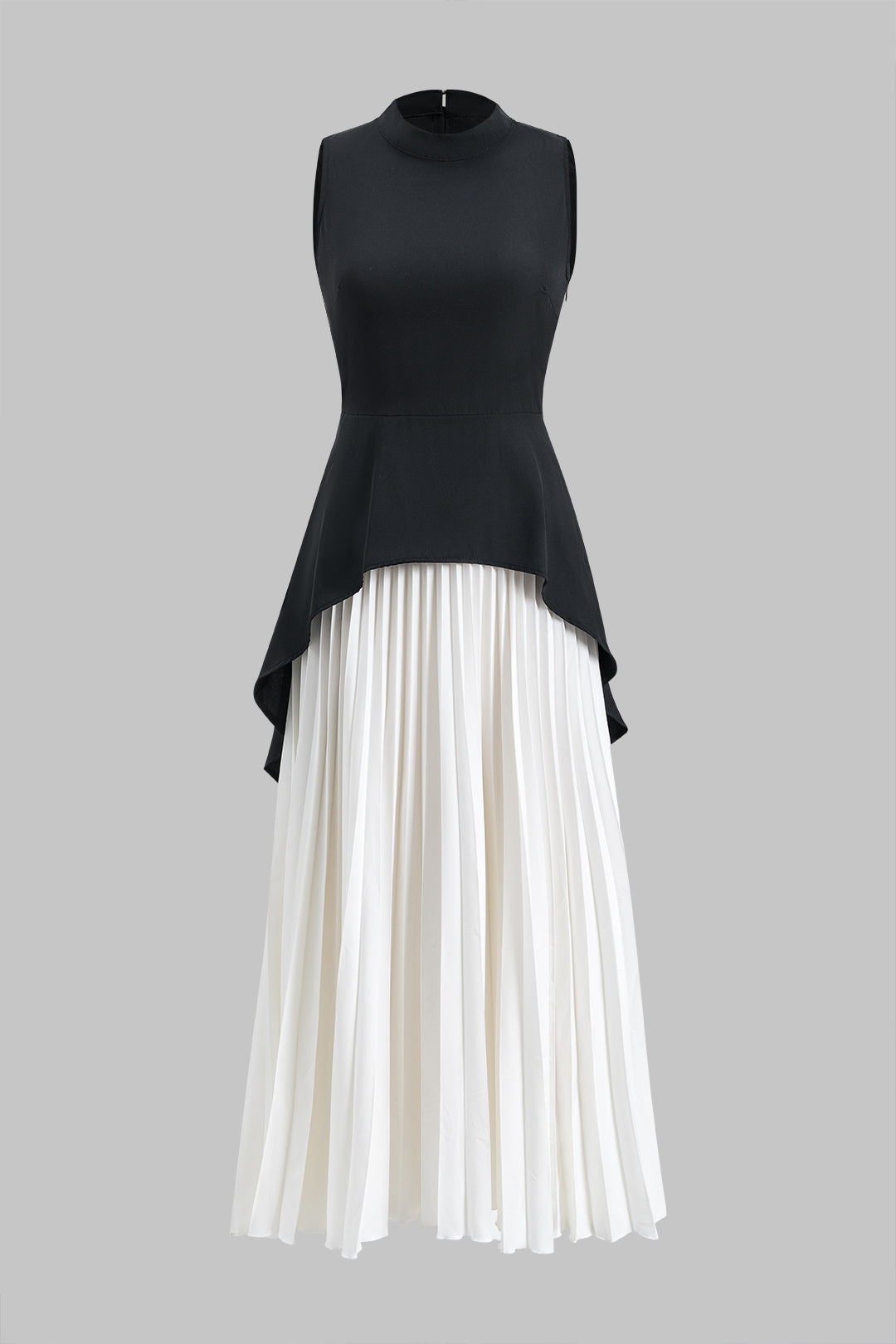 Pleated Patchwork Zipper Sleeveless Maxi Dress