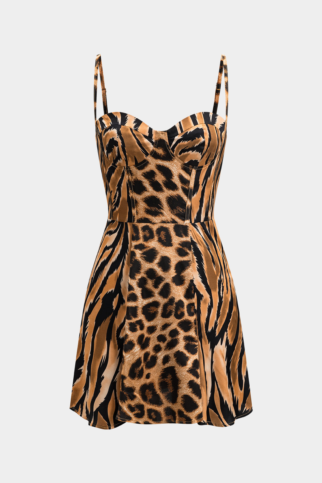 Leopard Print Satin Zipper Corset Slip Mini Dress