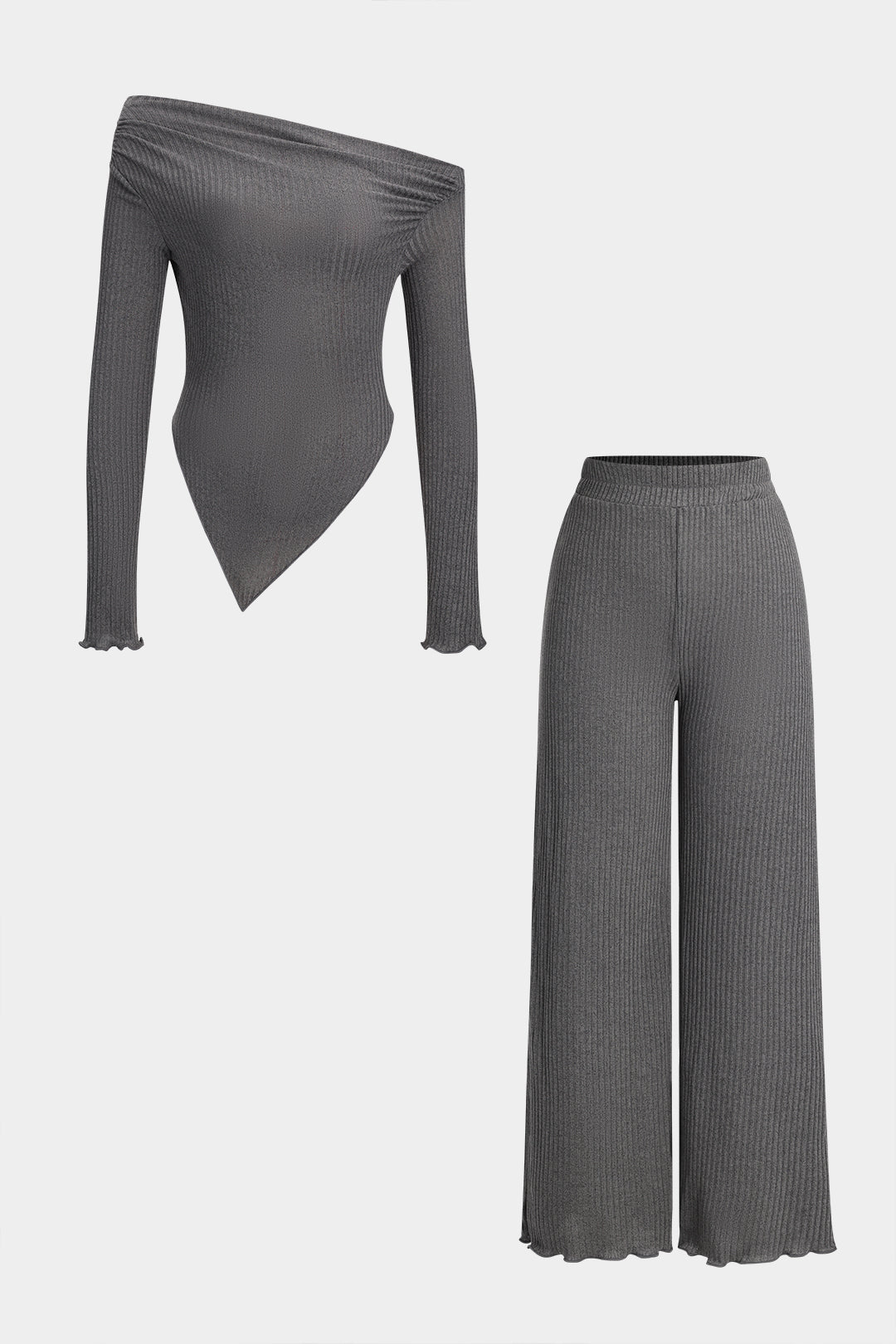 Ruched Asymmetrical Off Shoulder Long Sleeve Top And Wide Leg Trousers Set