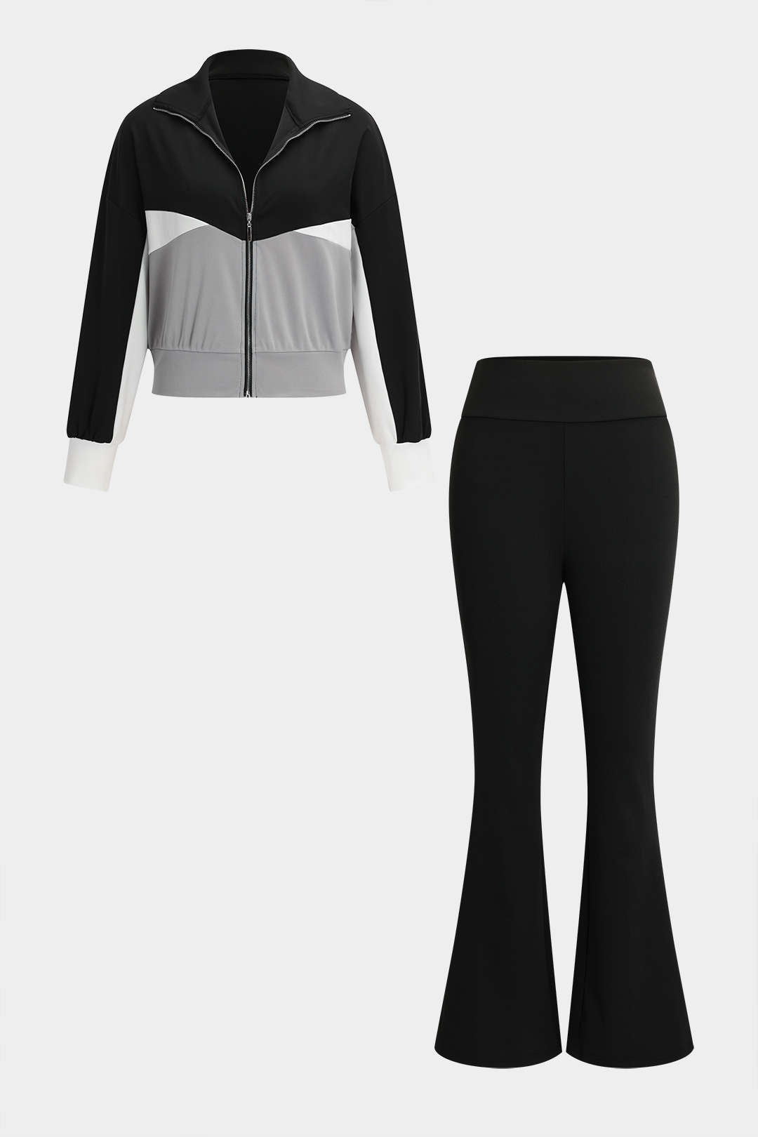 Patchwork Zipper Jacket And Flared Leg Trousers Set