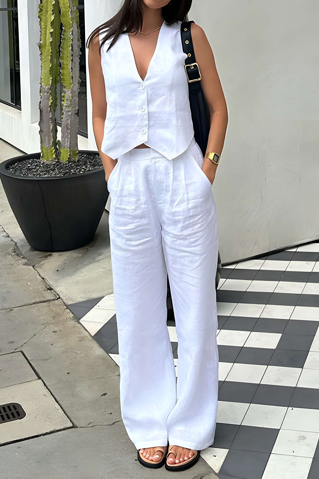 Sleeveless Button Vest And Wide Leg Pants Set