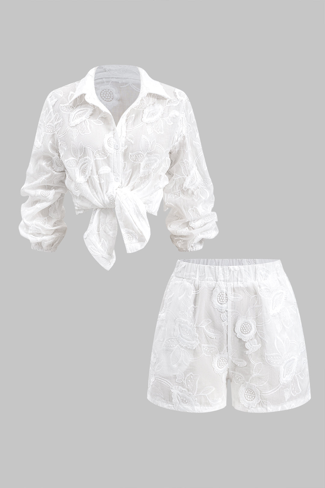 Embroidery Button Long Sleeve Shirt And Shorts Set