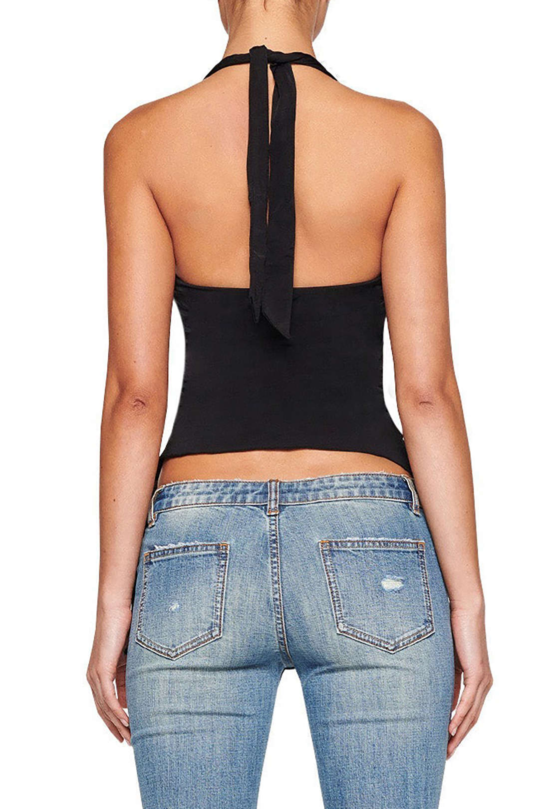 Metallic Buckle Ruched Asymmetrical Tie-Up Backless Tank Top