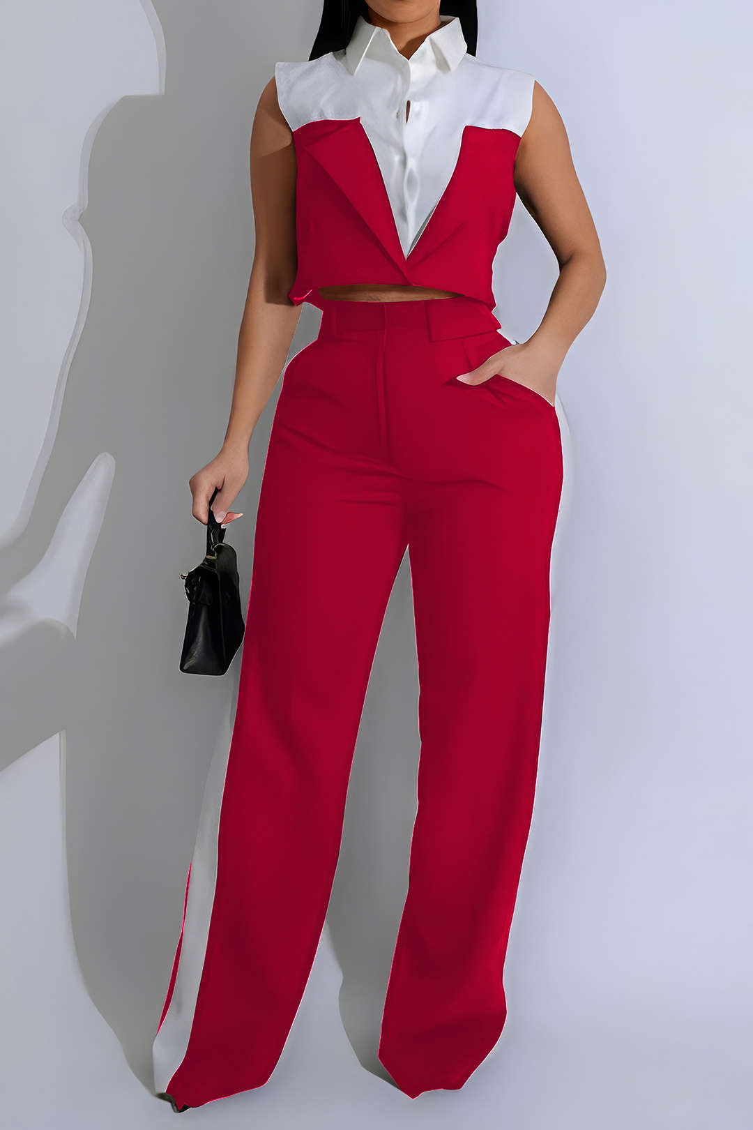 Patchwork Button Tie Back Sleeveless Top And Zipper Pocket Trousers Set