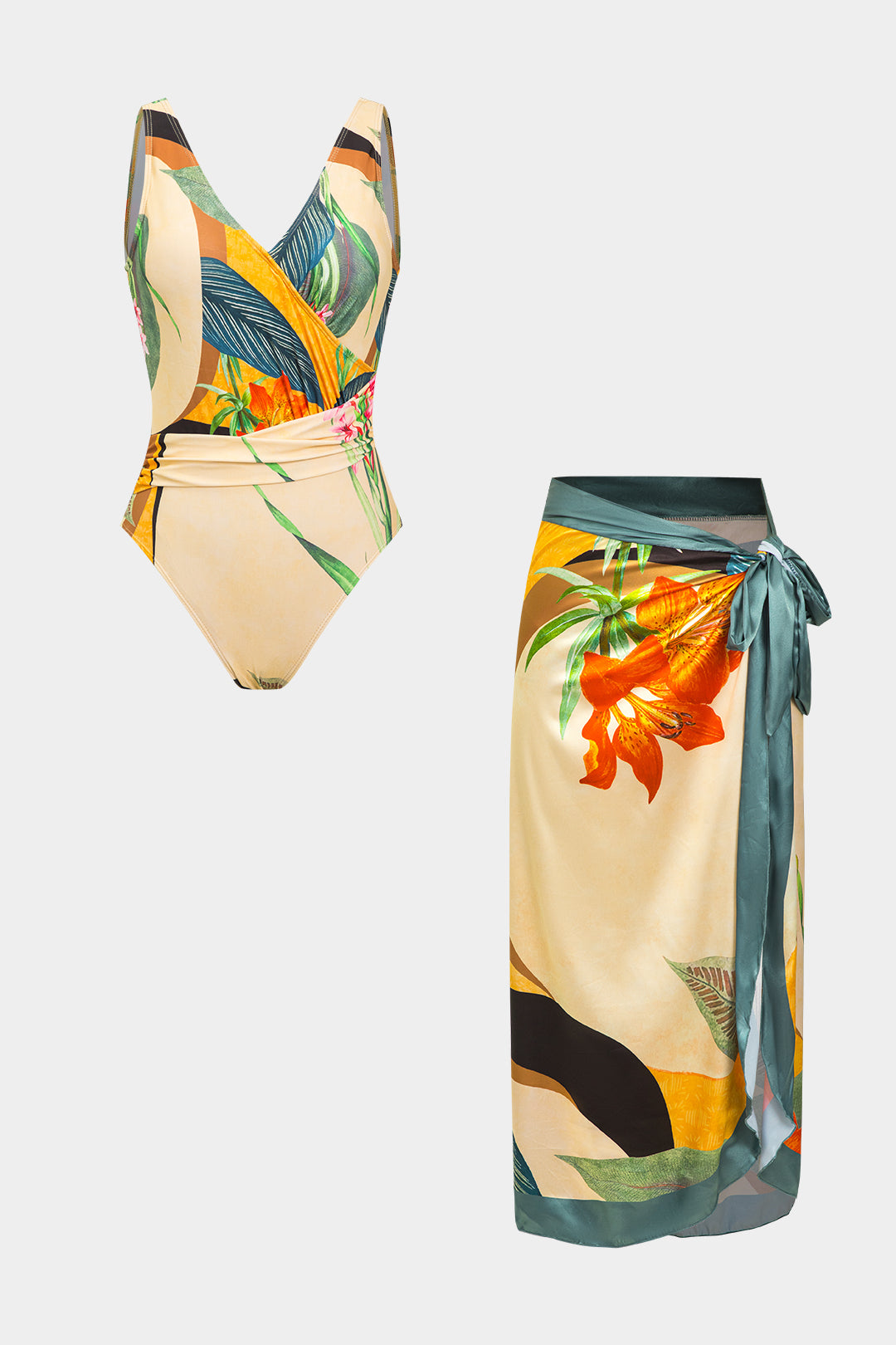 Floral Print Satin Ruched Crossed Backless Tummy Control Swimwear And Tie Knot Cover Up Set