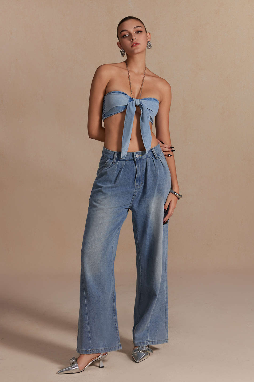 Chain Strap Halter Denim Bow Cami Top