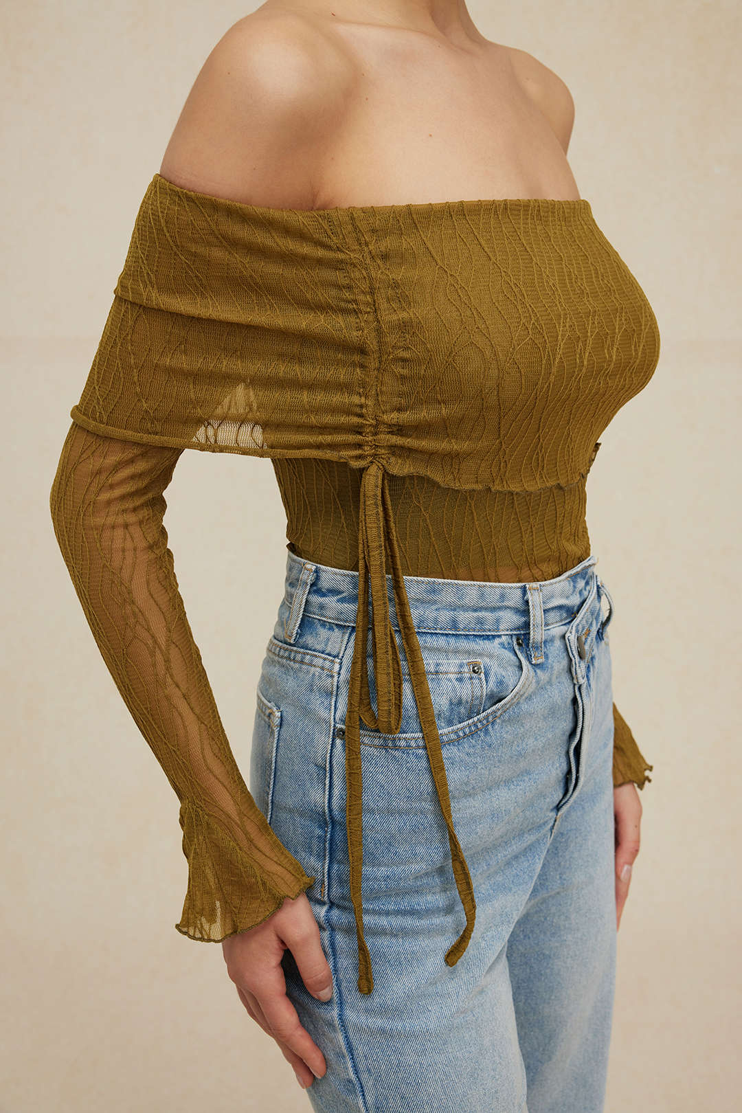 Texture Off Shoulder Asymmetrical Tie Mesh Top