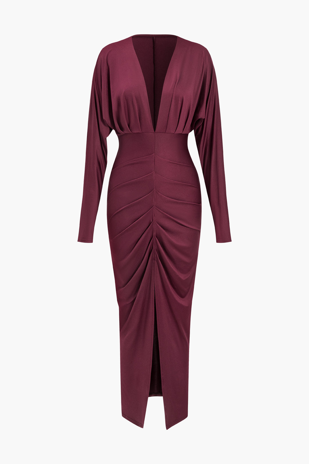 Ruched Long Sleeve V-Neck Maxi Dress