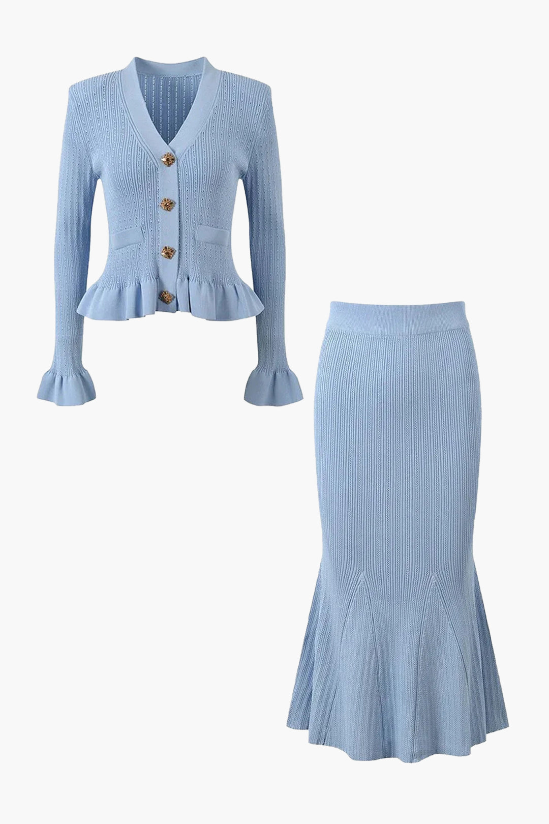 Solid Knit Button Top And Ruffle Mermaid Skirt Set