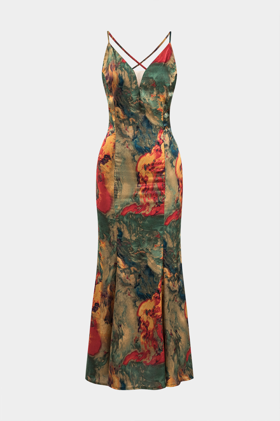 Watercolor Print Satin Backless Tie Back Slip Maxi Dress