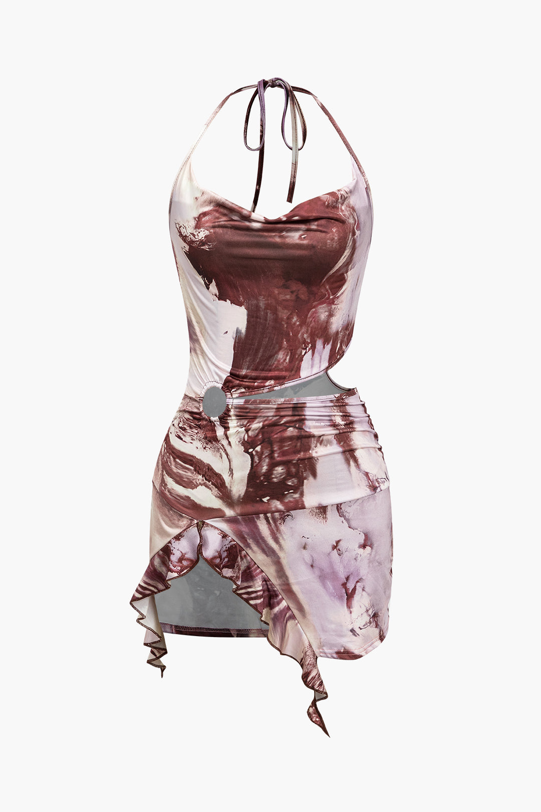 Tie Dye Print Ruched Ruffle Cut Out Tie-Up Backless Mini Dress