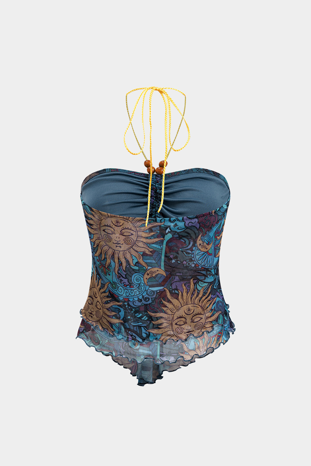 Abstract Print Mesh Ruched Beaded Drawstring Cami Top