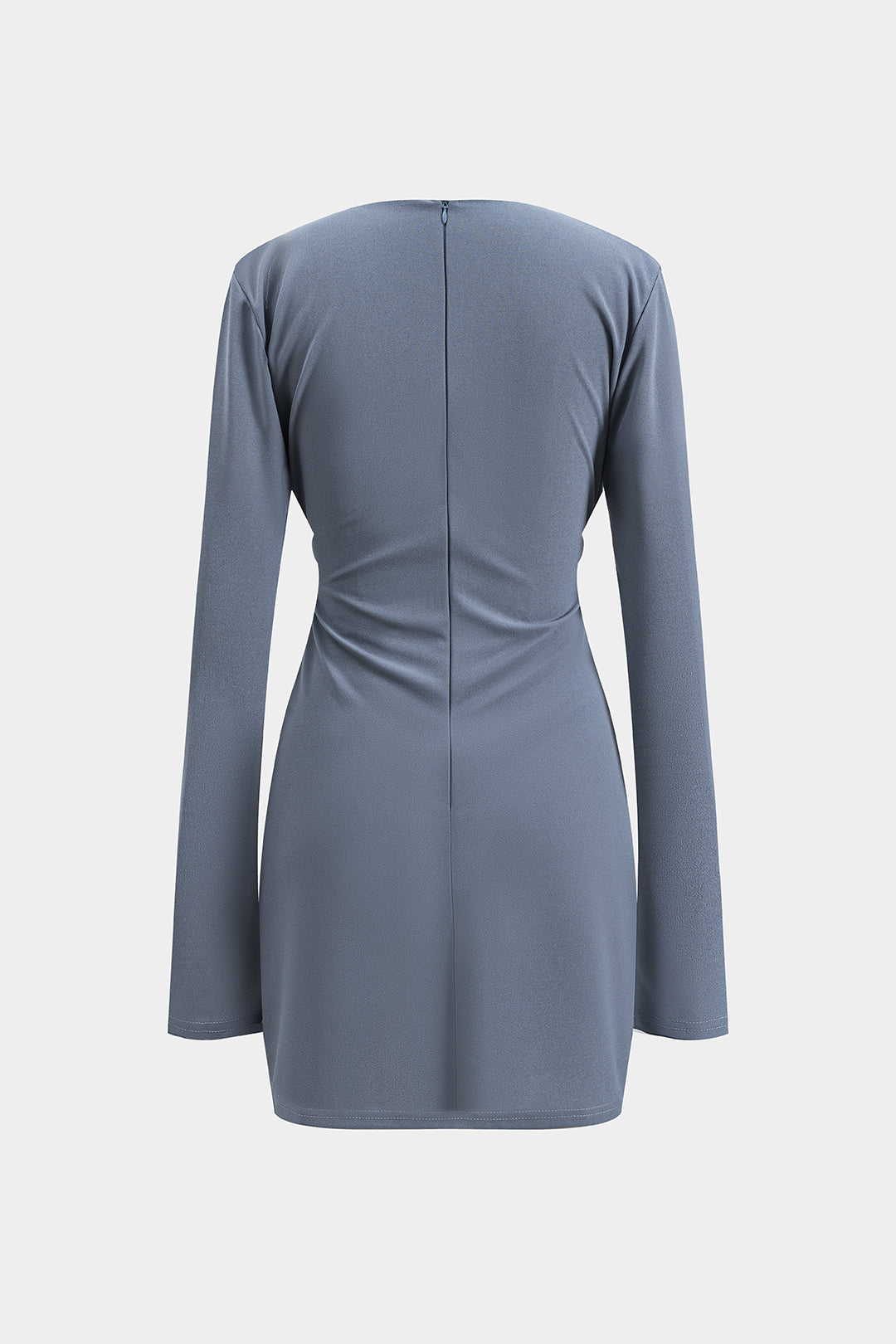 Ruched Zipper Belted V-Neck Long Sleeve Mini Dress