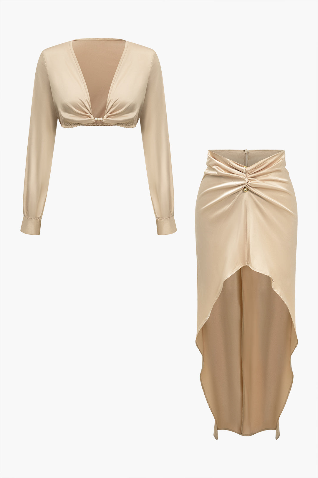 Solid Satin V-neck Cropped Shirt And Asymmetrical Skirt Set