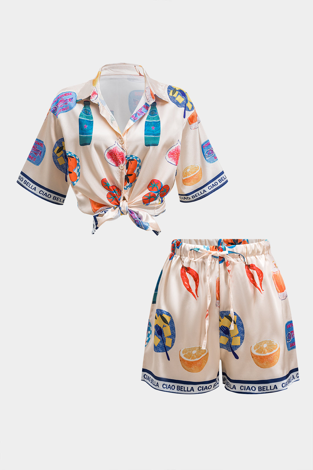 Fruit Cartoon Print Satin Button Shirt And Ruched Tie Front Shorts Set