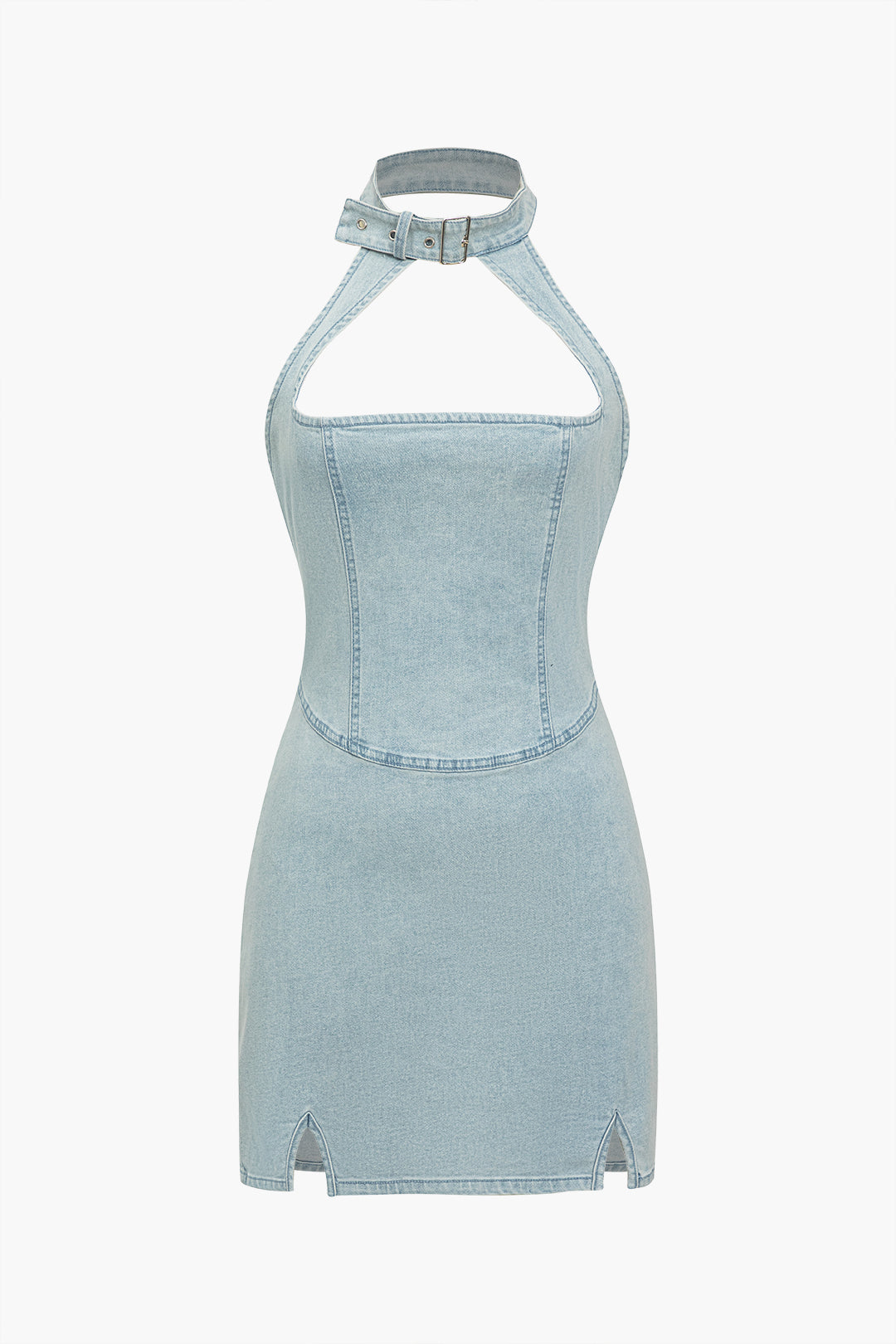 Solid Cut Out Zipper Halter Denim Dress