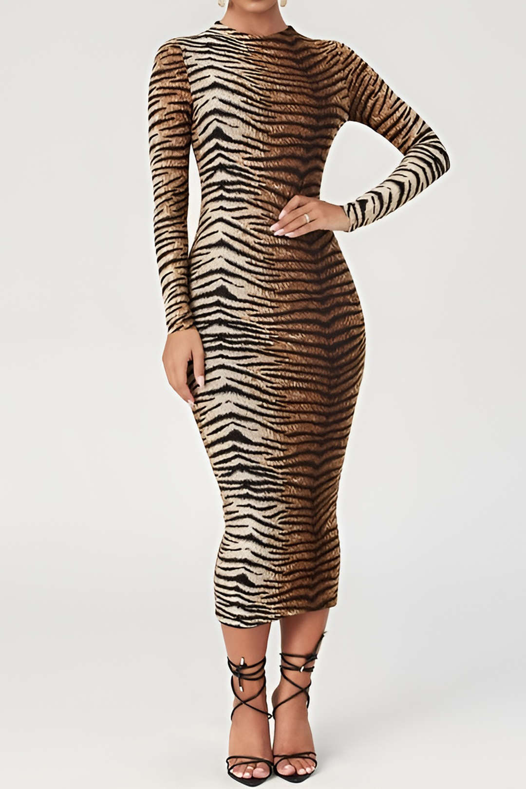 Leopard Print Long Sleeve Slim Midi Dress