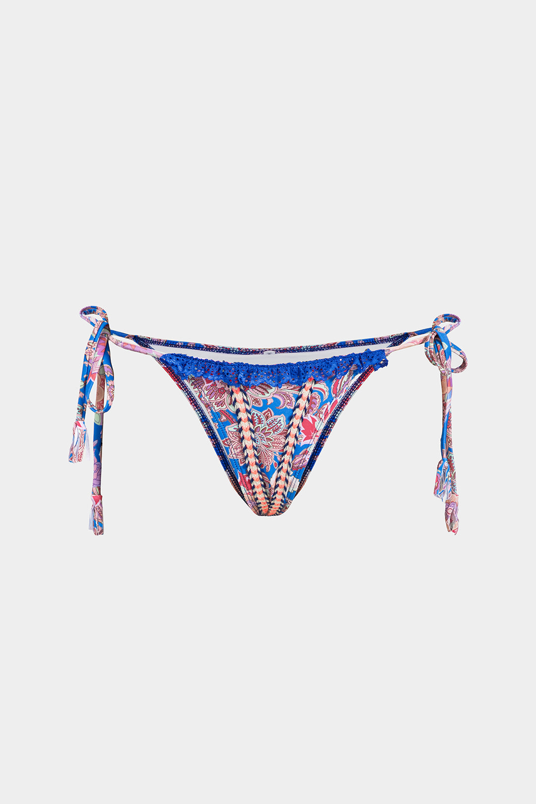 Floral Print Lace Trim Tie Up Patchwork Bikini Set