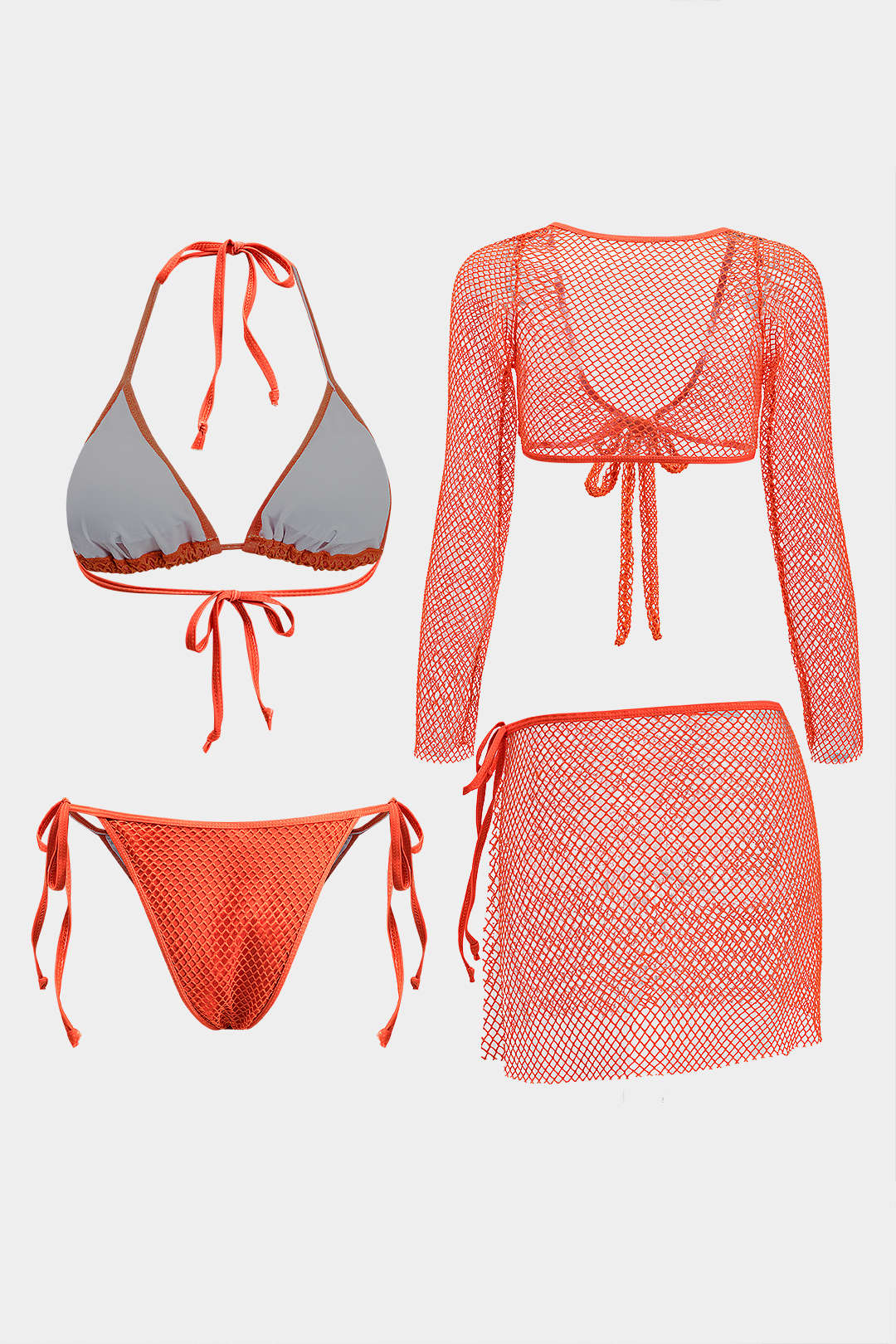 Mesh Tie-Up Bikini And Tie Knot Cover Up 4-Piece Set