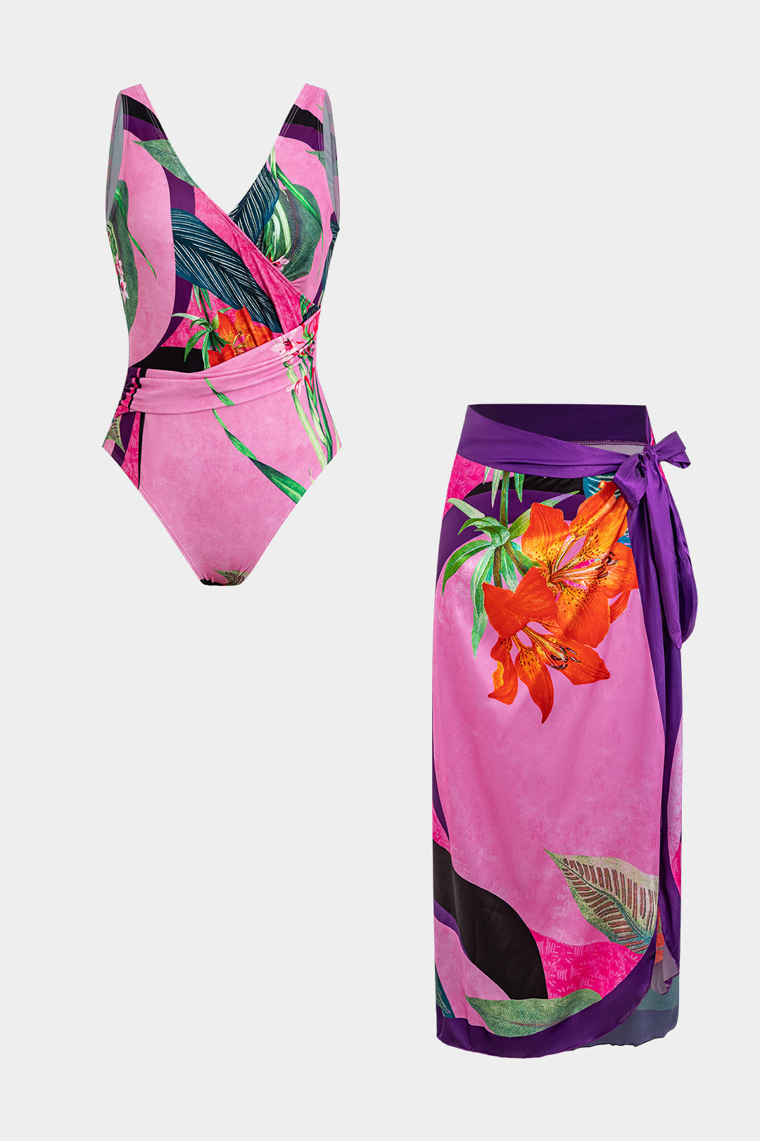 Floral Print Satin Ruched Crossed Backless Tummy Control Swimwear And Tie Knot Cover Up Set