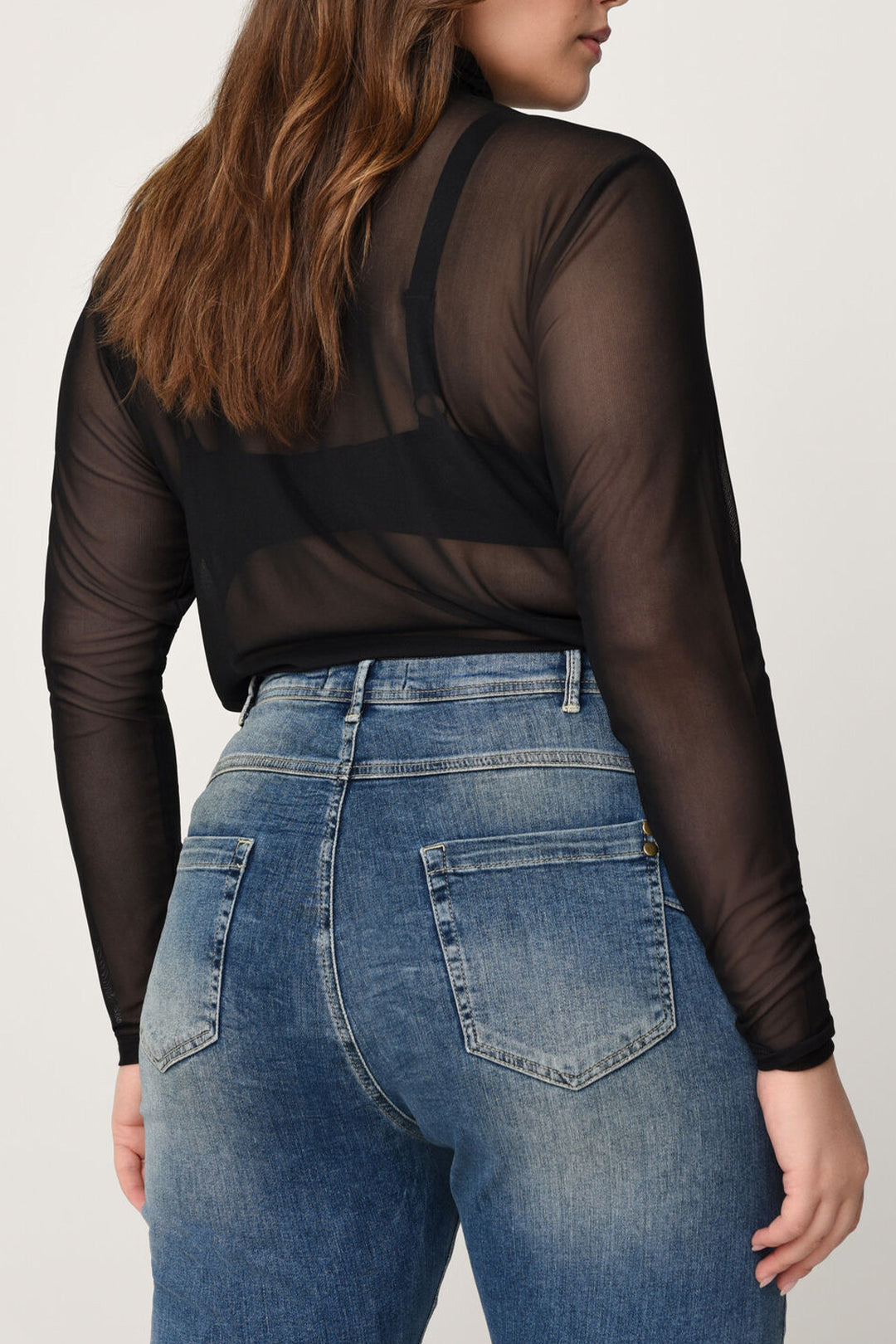 Plus Size Solid Mesh Sheer Long Sleeve Top