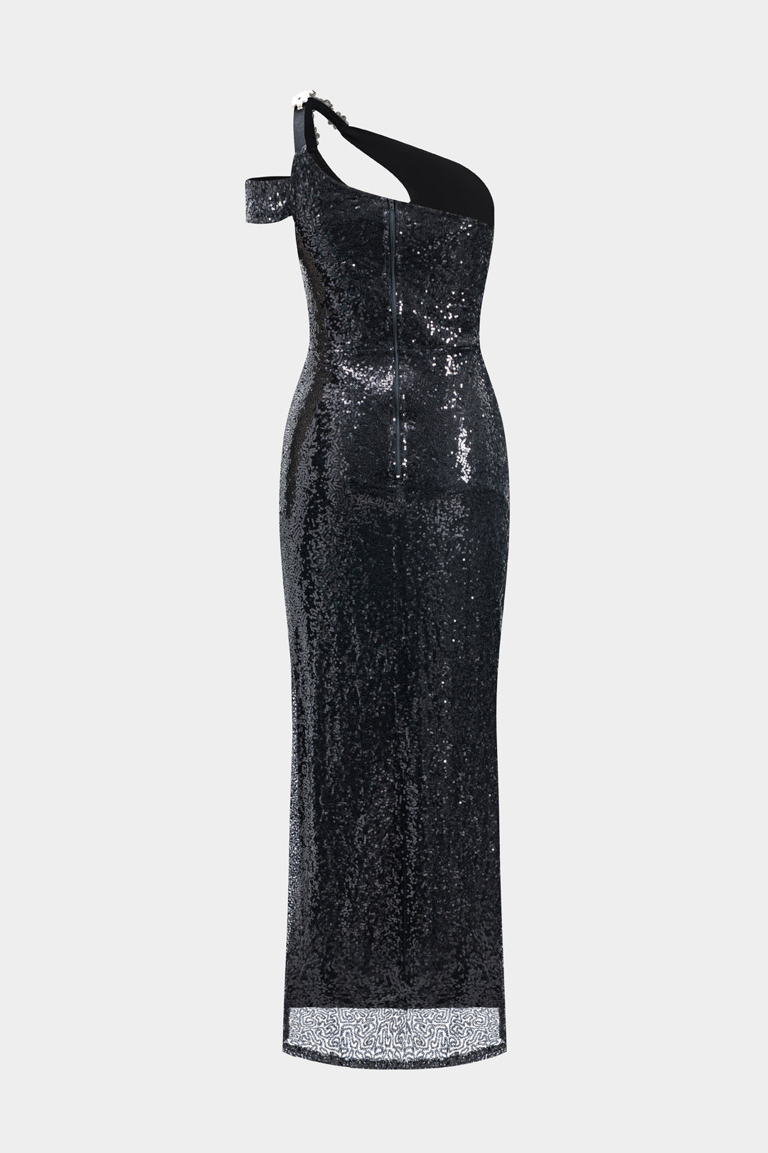 Rhinestone Sequin One Shoulder Cut Out Zipper Slit Maxi Dress