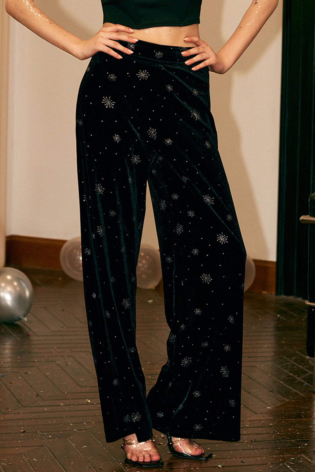 High Waist Velvet Snowflake Pattern Straight Leg Pants