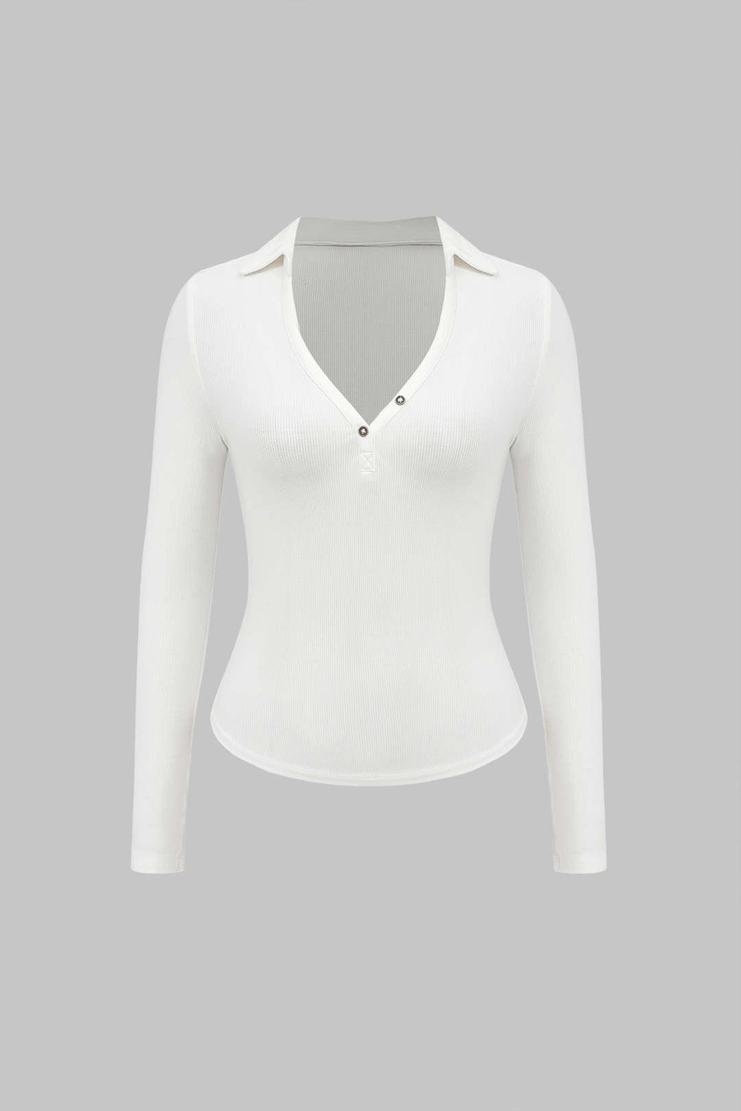 Solid Button V-Neck Long-Sleeve Top