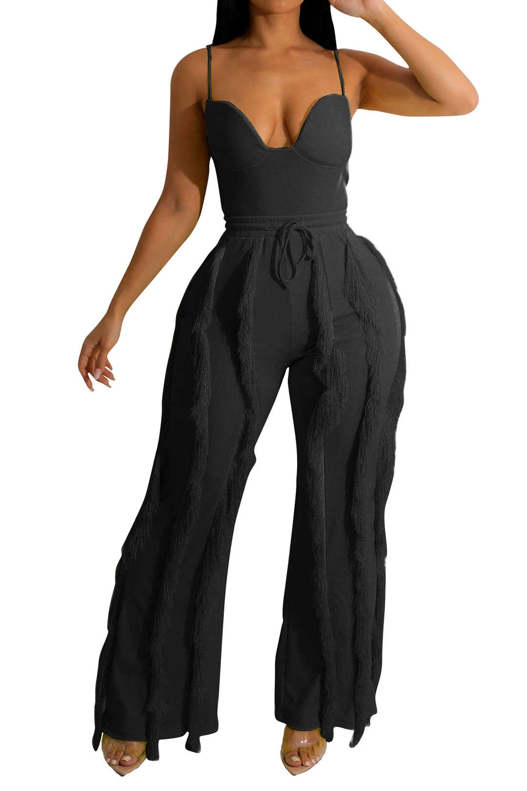 Bustier Slip Bodysuit And Fringe Tie Front Wide Leg Trousers Set