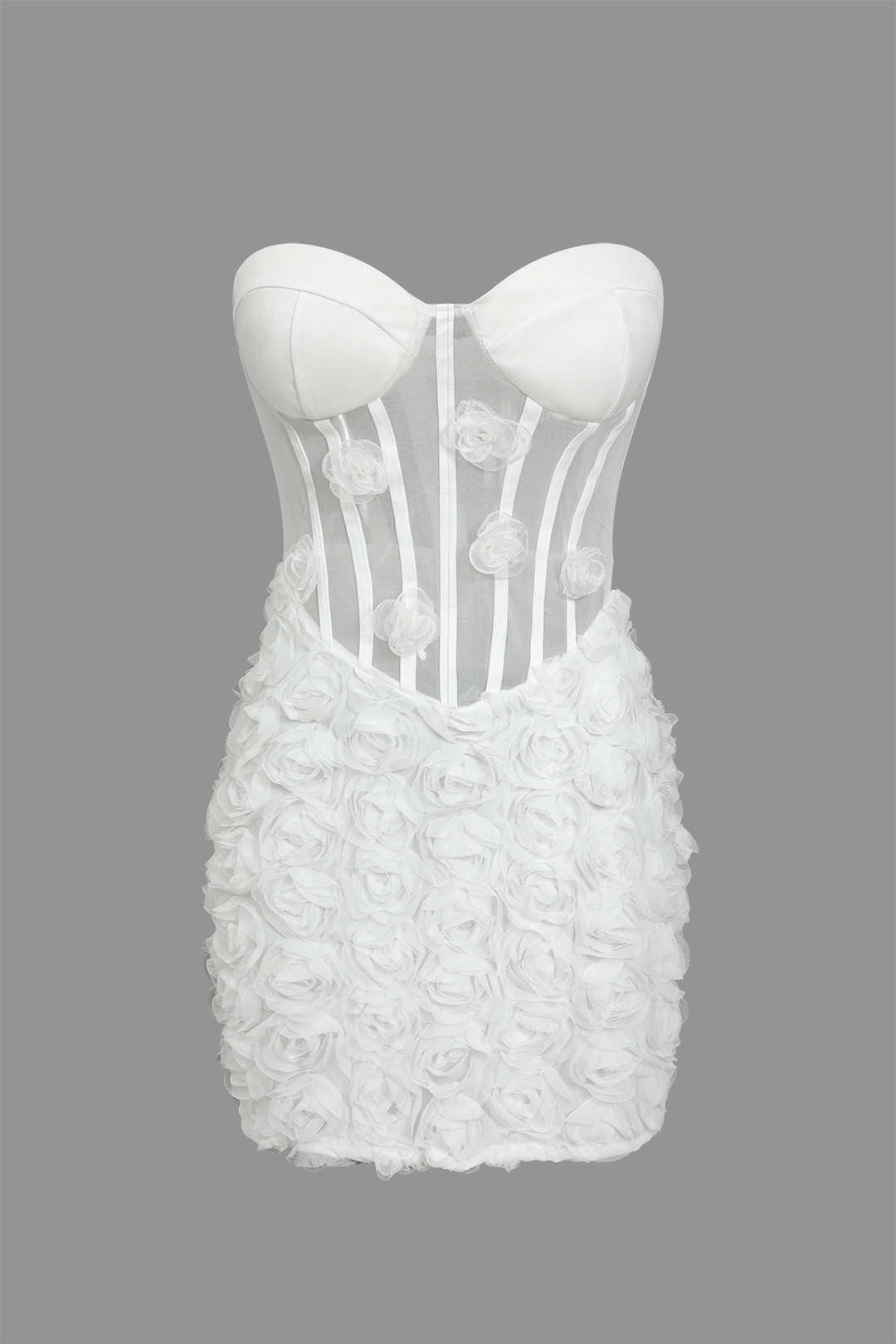 3D Floral Mesh Sheer Strapless Sleeveless Mini Dress