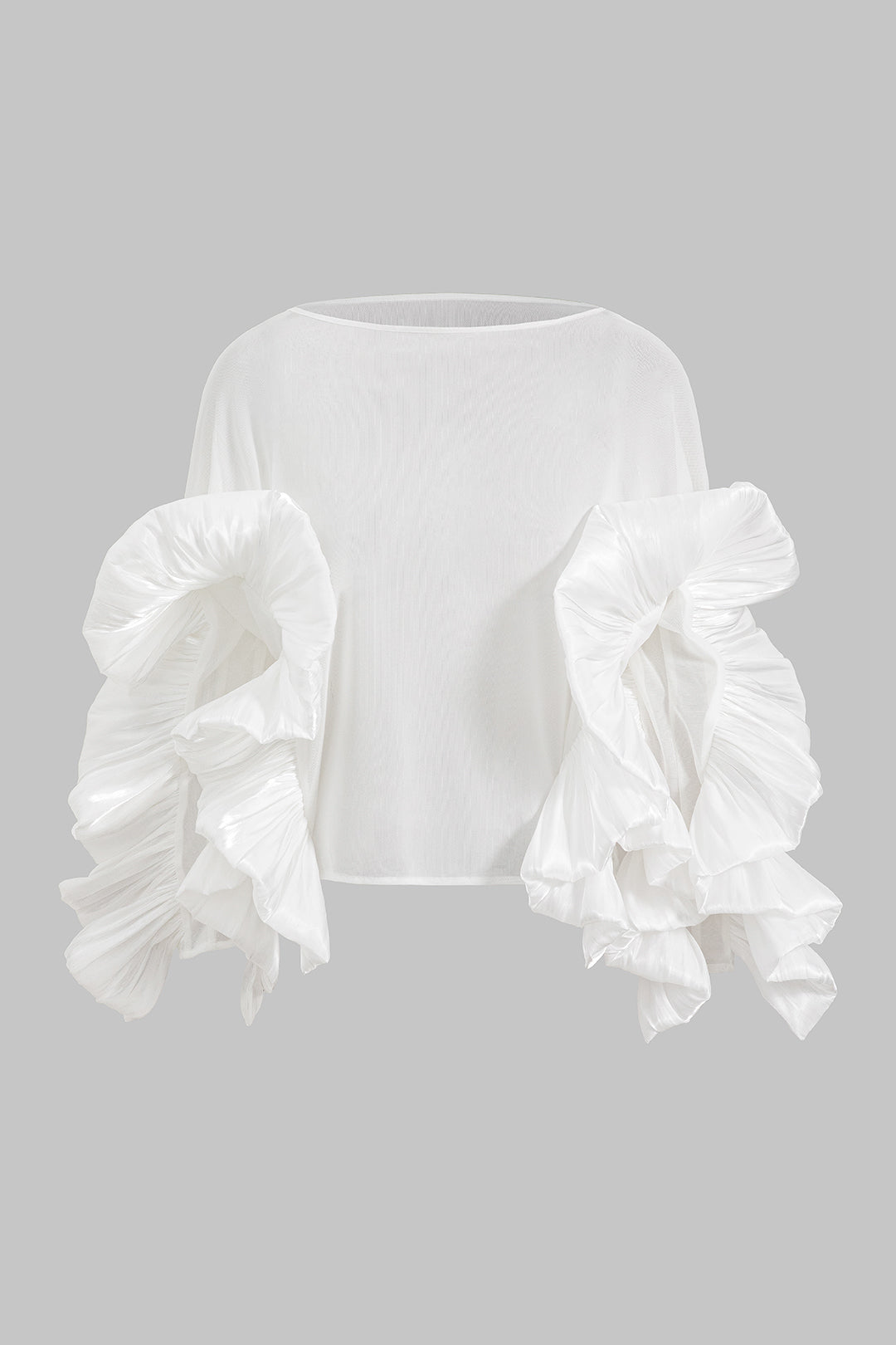 Satin Mesh Ruffle Long-Sleeve Top