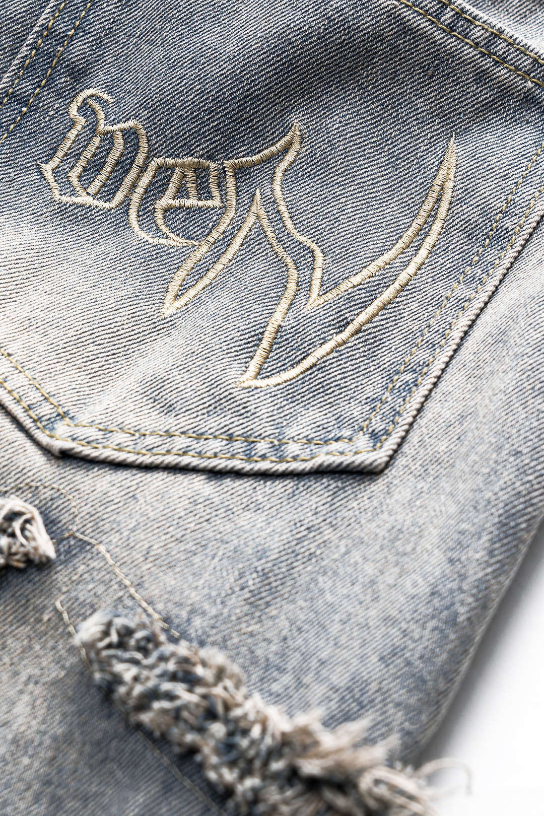 Letter Embroidery Denim Washed Button Pocket Jeans