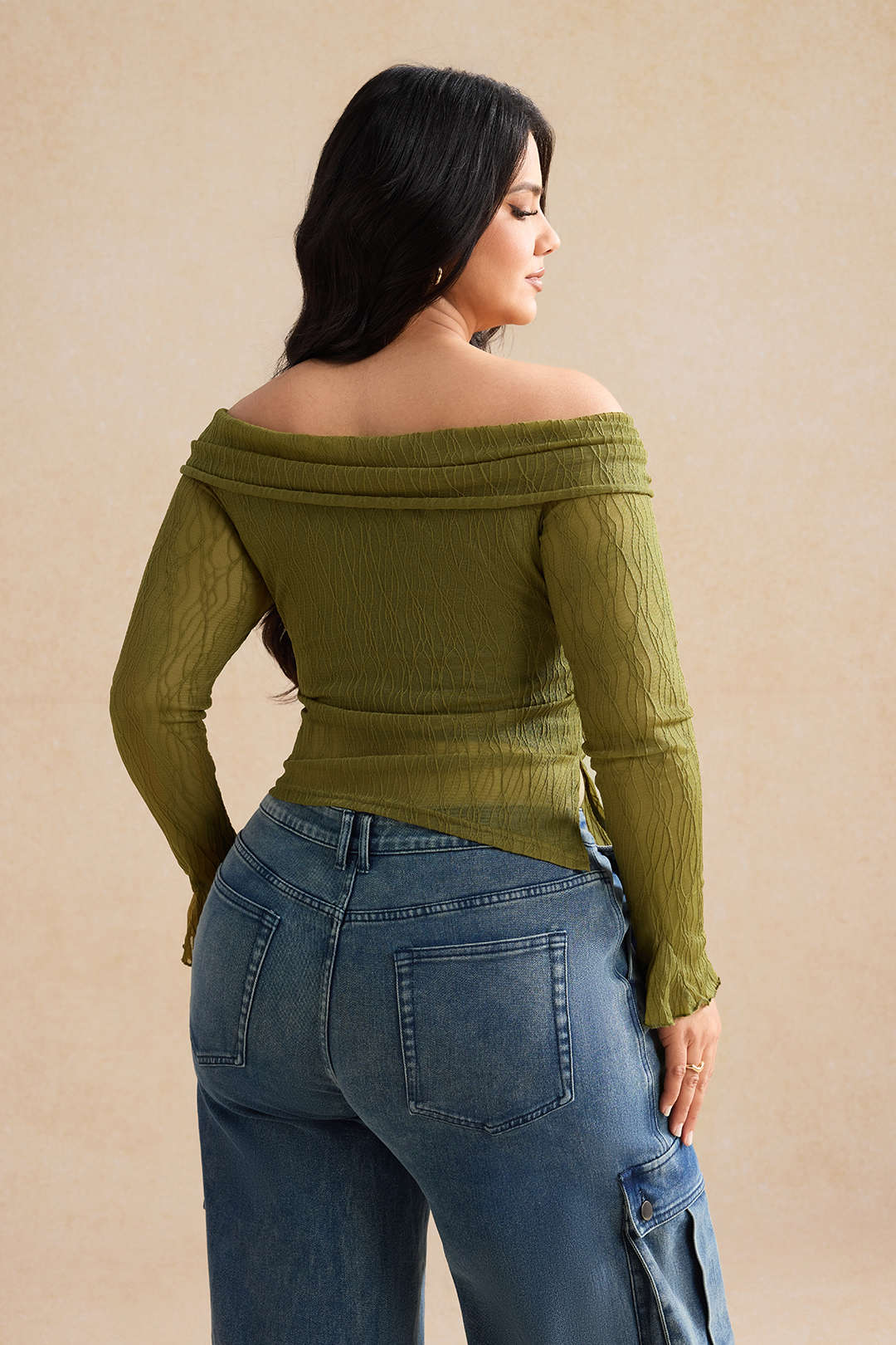 Plus Size Off Shoulder Drawstrings Long-Sleeve Top