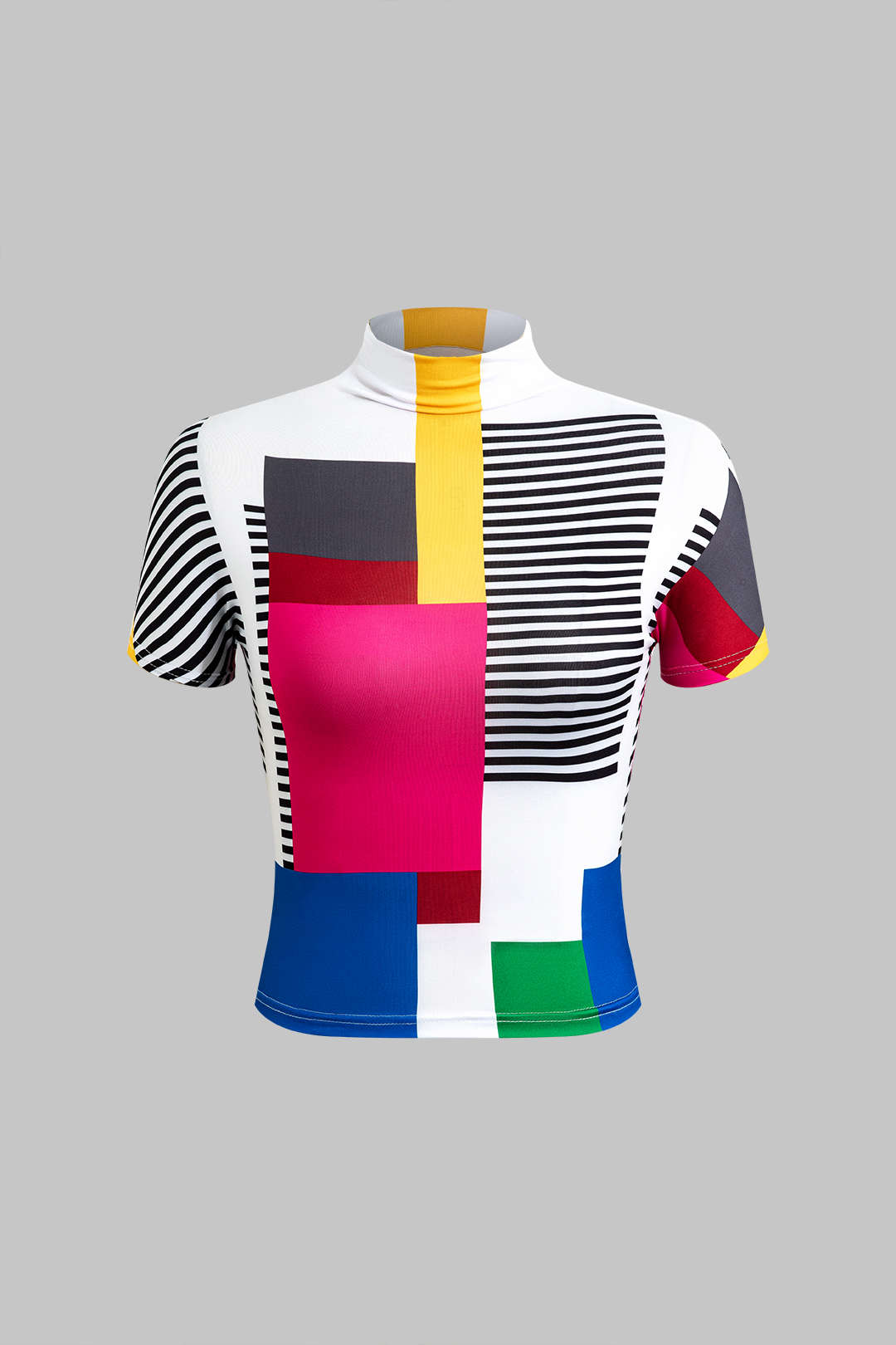 Color Block Patchwork Mock Neck T-shirt