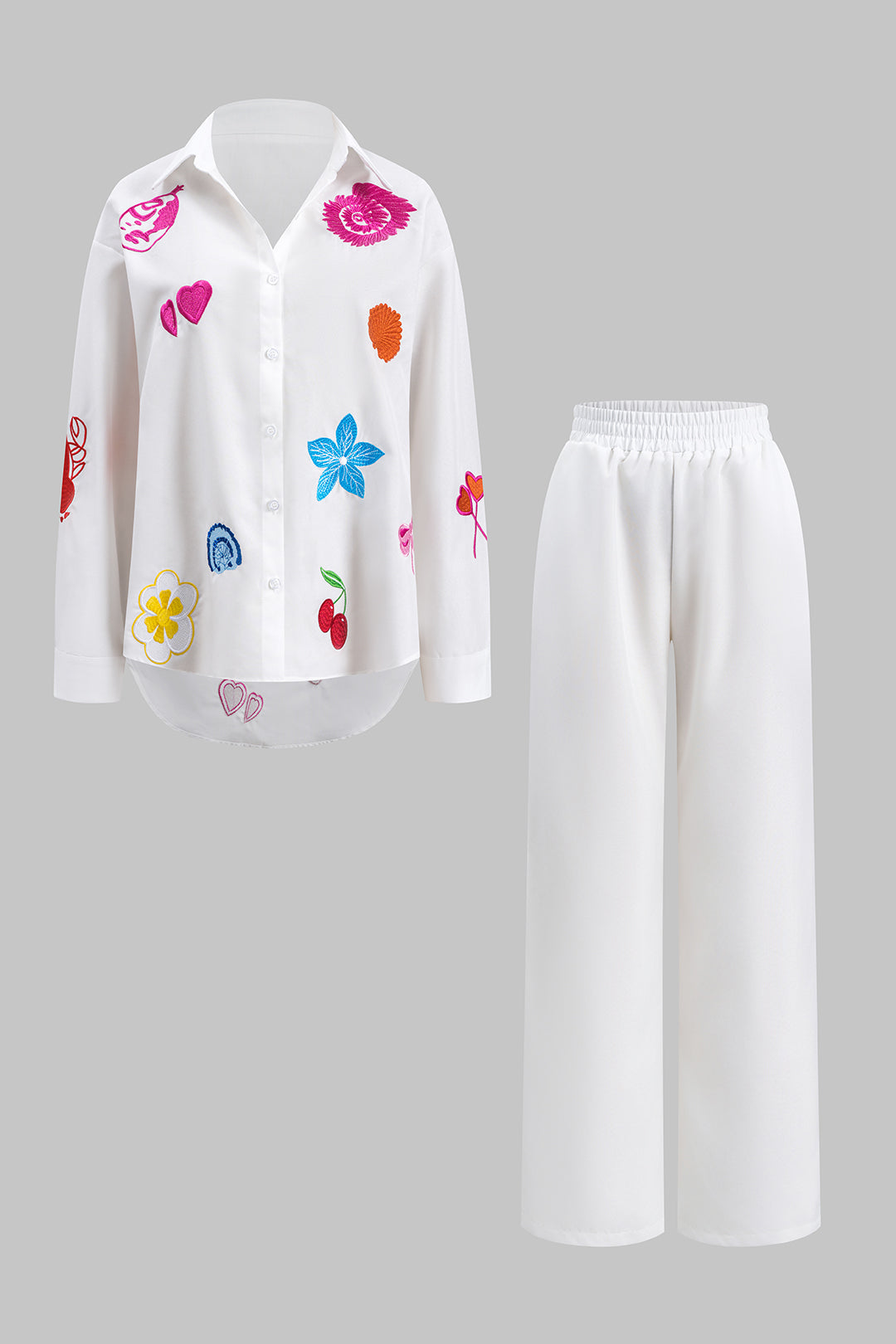 Embroidery Button Long Sleeve Shirt And Pleated Wide Leg Trousers Set