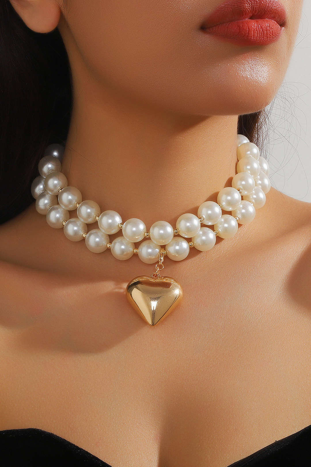 Metal Pearl Geometric Heart Pendant Double-Layer Necklace