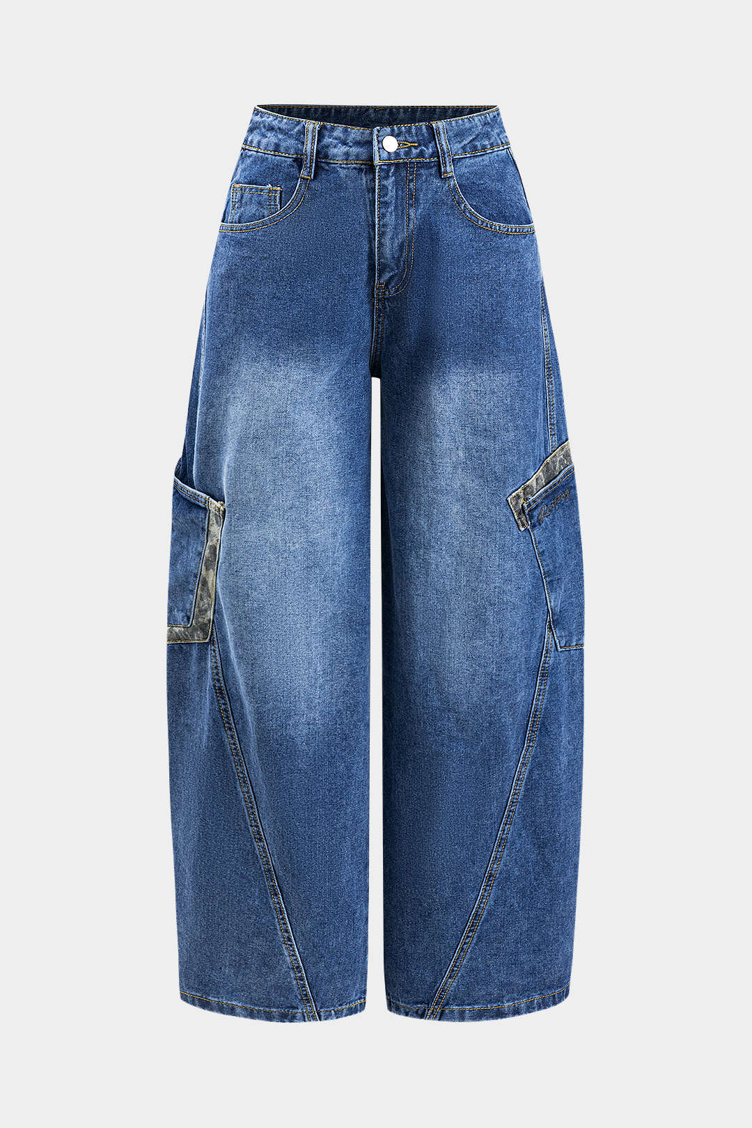 Letter Embroidery Denim Button Pocket Wide Leg Jeans