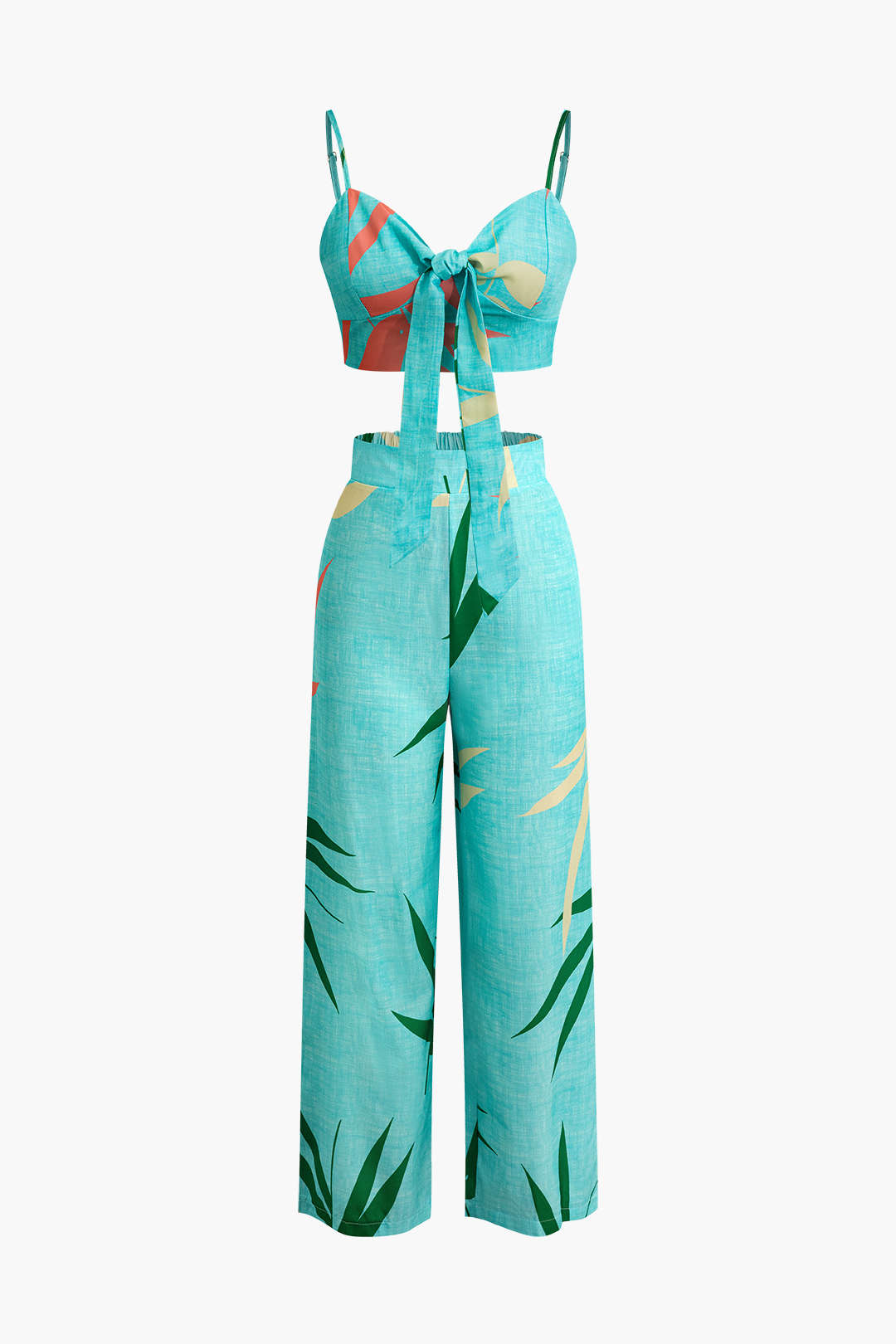 Bamboo Leaf Print Knot Cami Top And Pants Set