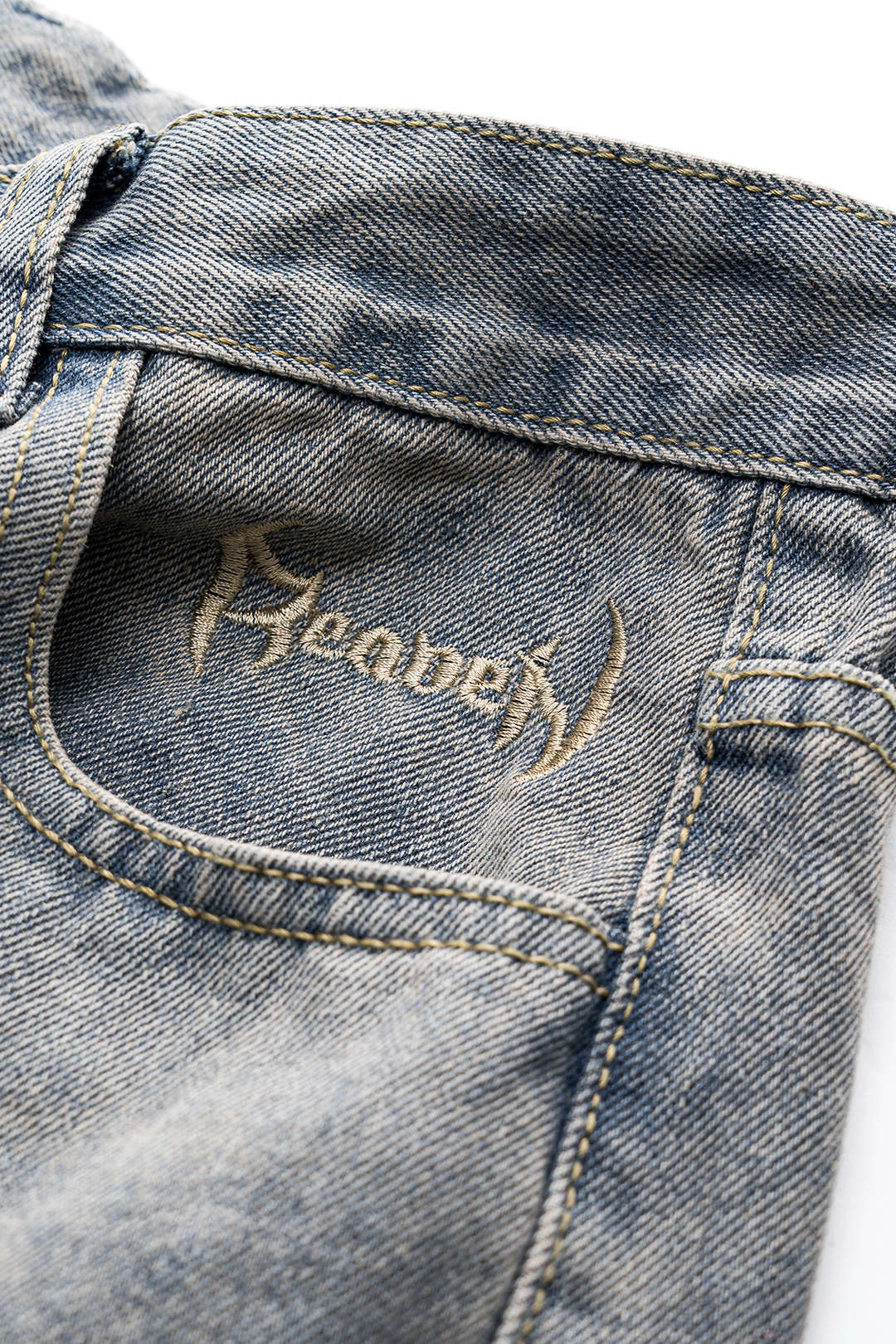 Letter Embroidery Denim Washed Button Pocket Jeans