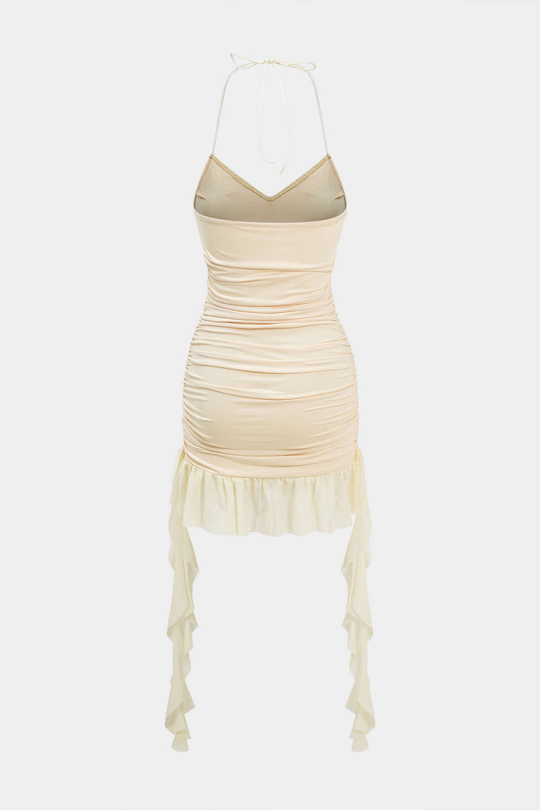 Mesh Ruffle Ruched Tie-Up Backless Mini Dress