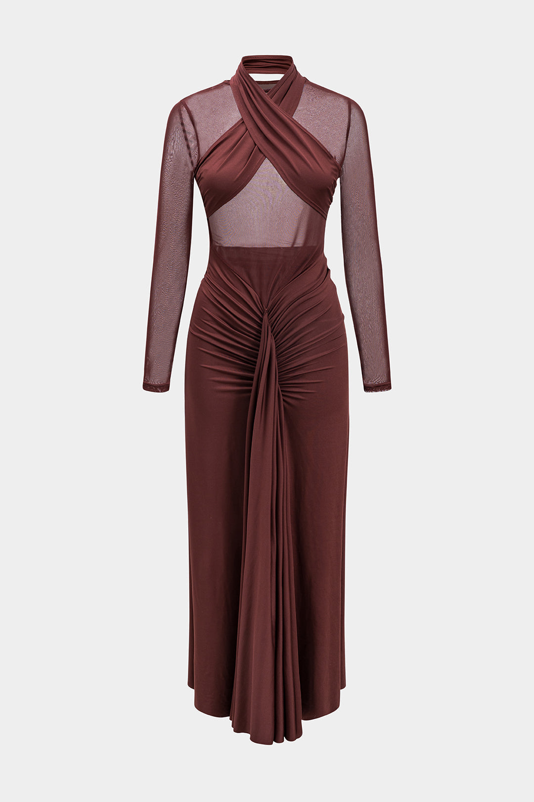 Mesh Pleated Sheer Crossed Long Sleeve Maxi Dress